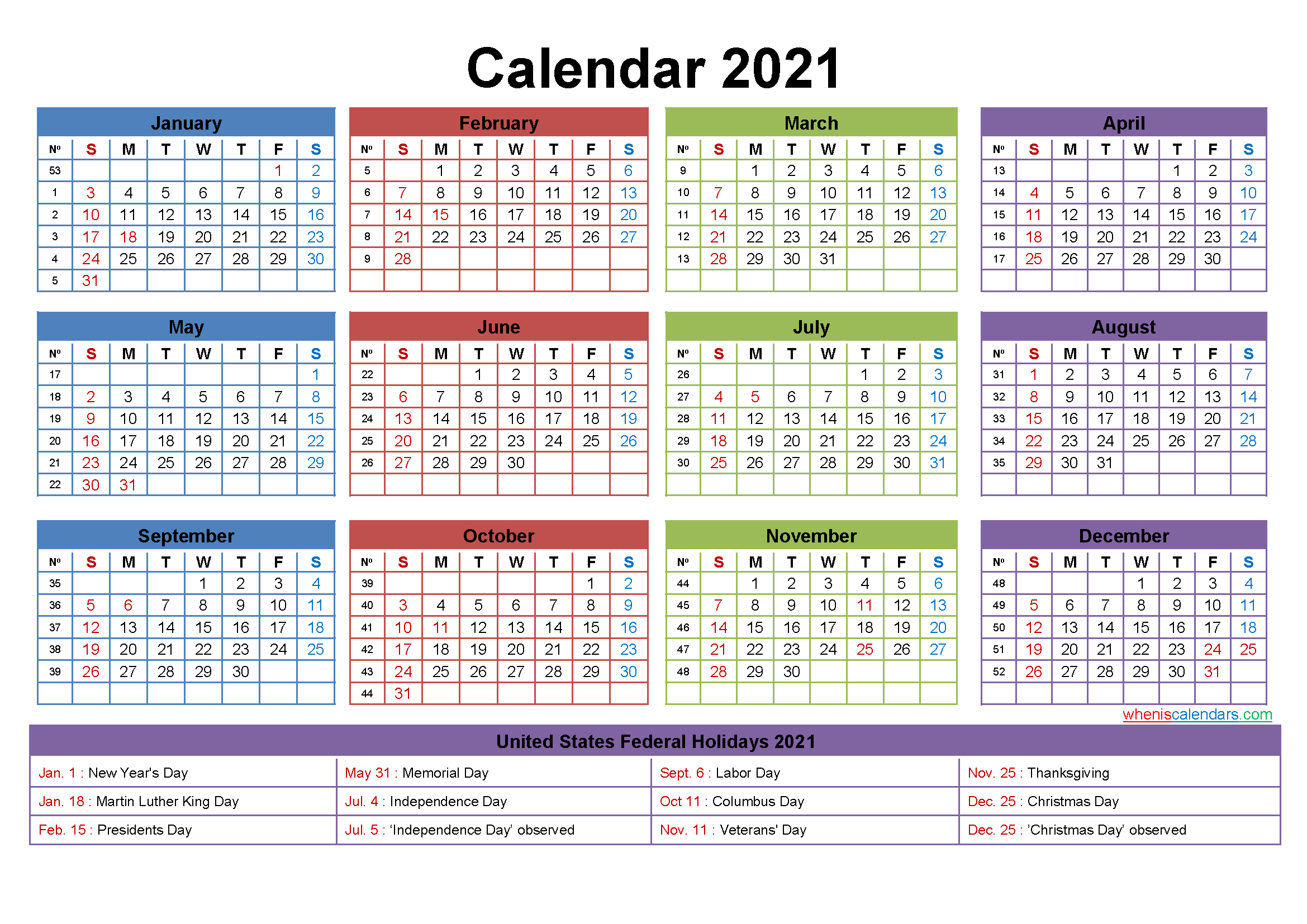 Printable 2021 Calendar With Holidays - Printable World Holiday