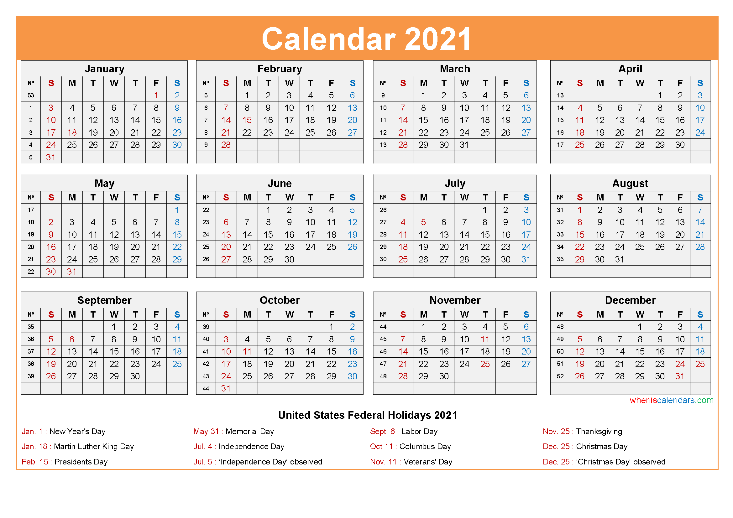 Free Printable 2021 Calendar With Holidays As Word Pdf