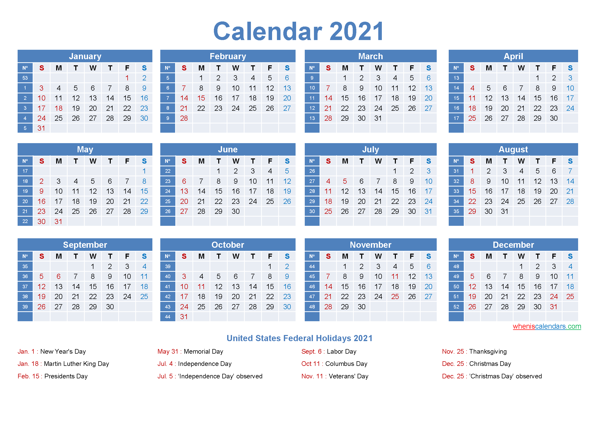 Free Printable Yearly 2021 Calendar With Holidays As Word, PDF