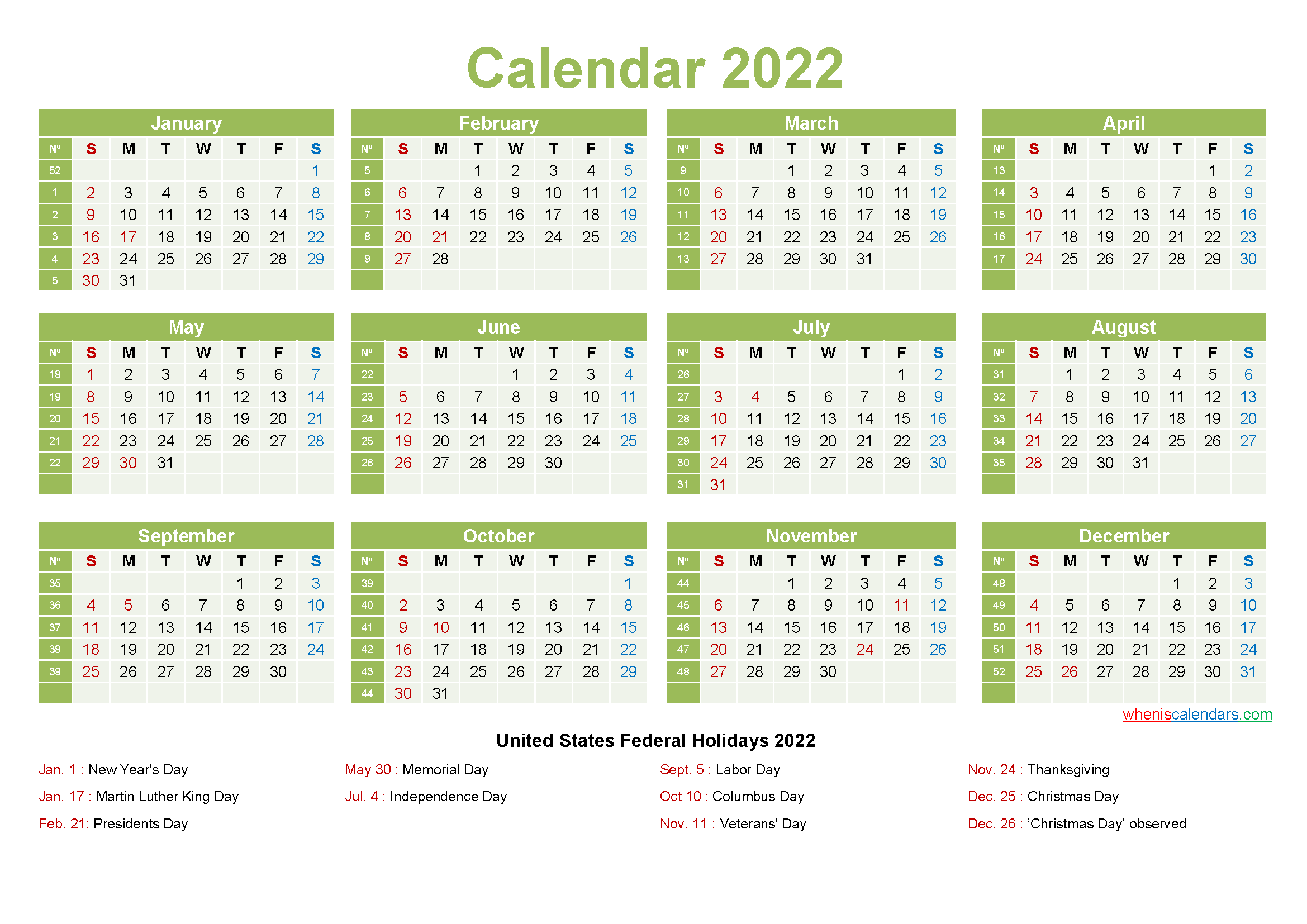 2022 blank calendar