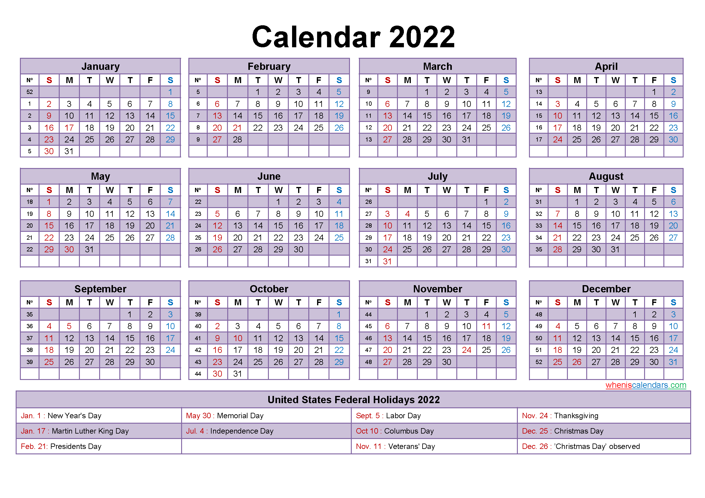 2022 printable calendar with holidays free letter templates