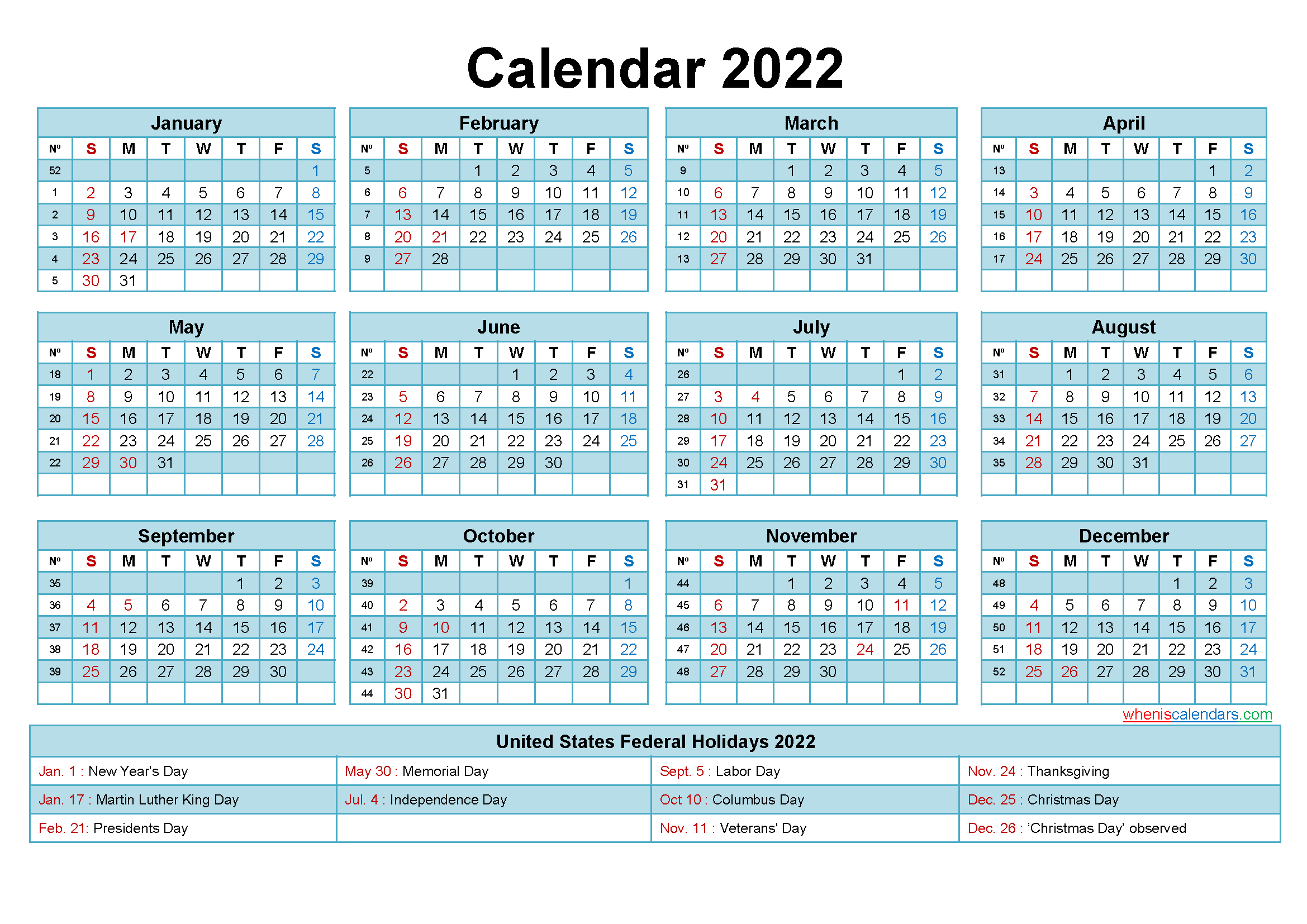 2022 calendar template word with holidays