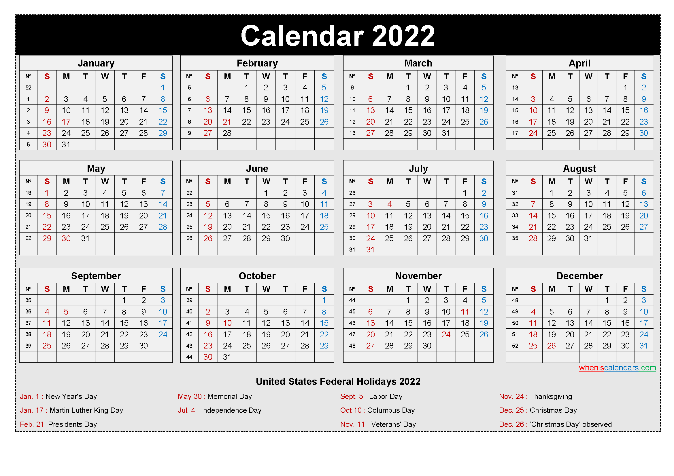 Free Printable Yearly 2022 Calendar With Holidays As Word Pdf Printable Yearly Calendar 2022 