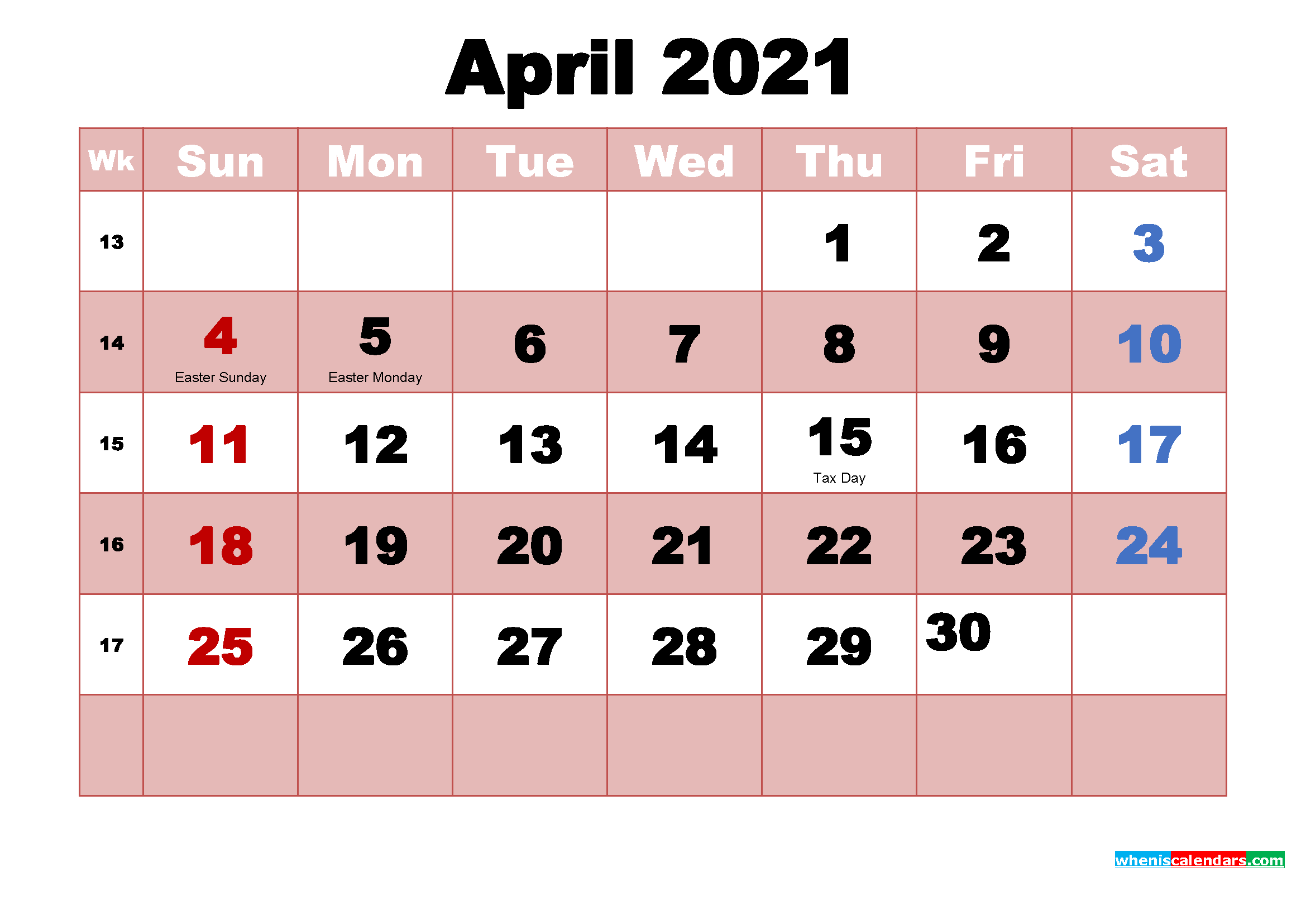 April 2021 Printable Monthly Calendar With Holidays
