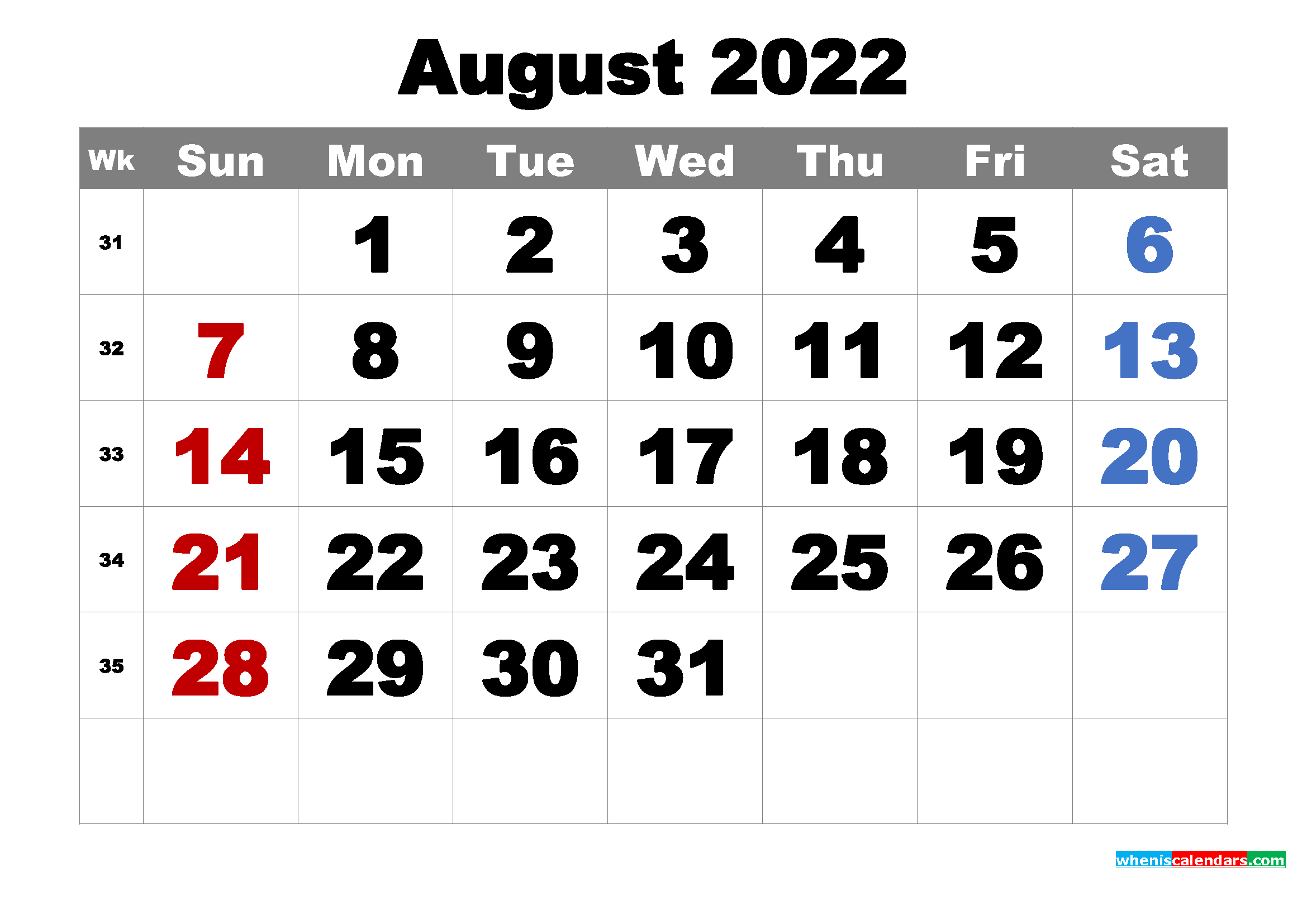Free Printable Weekly Calendar August 2022