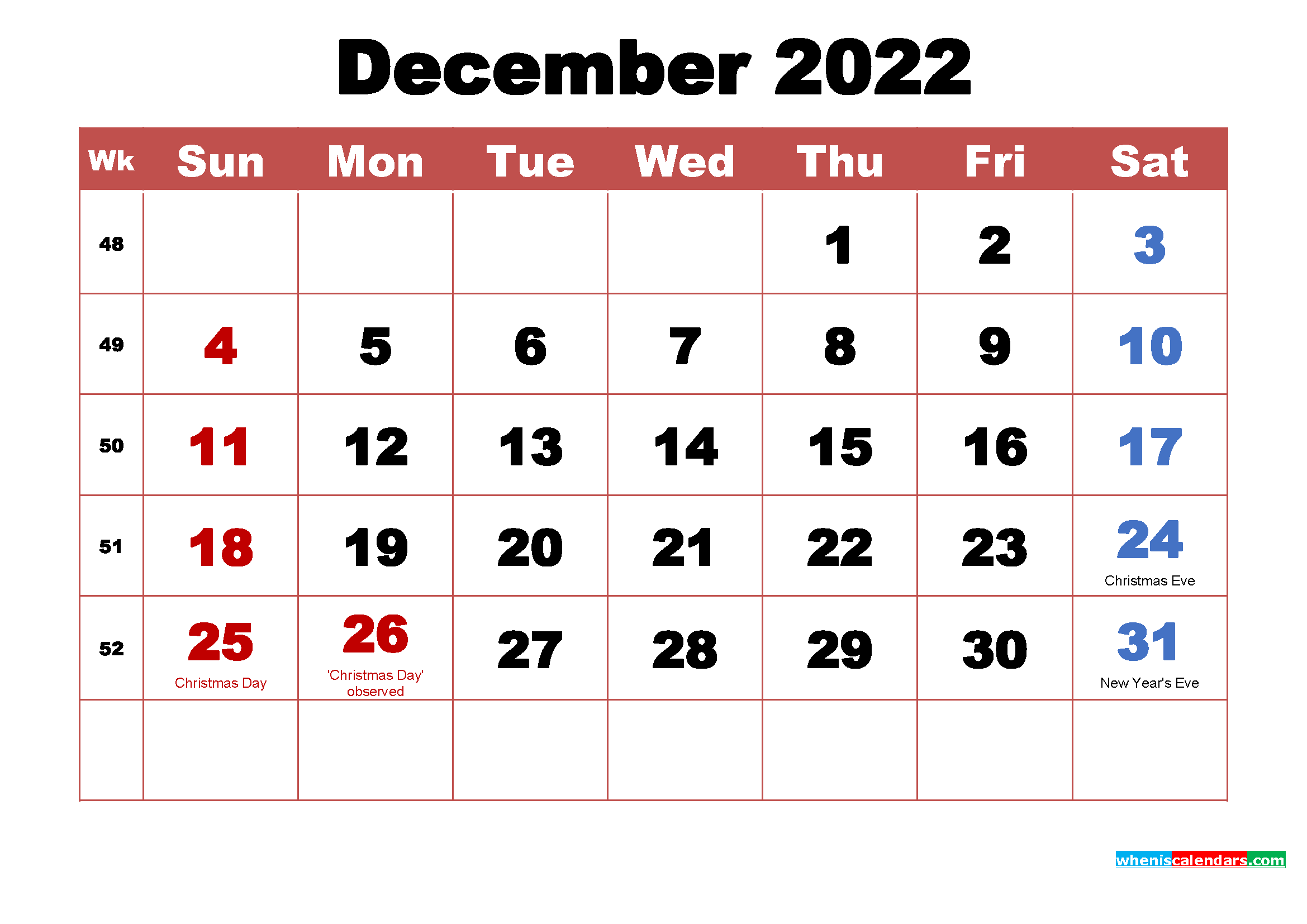 Printable Free Monthly Calendar December 2022