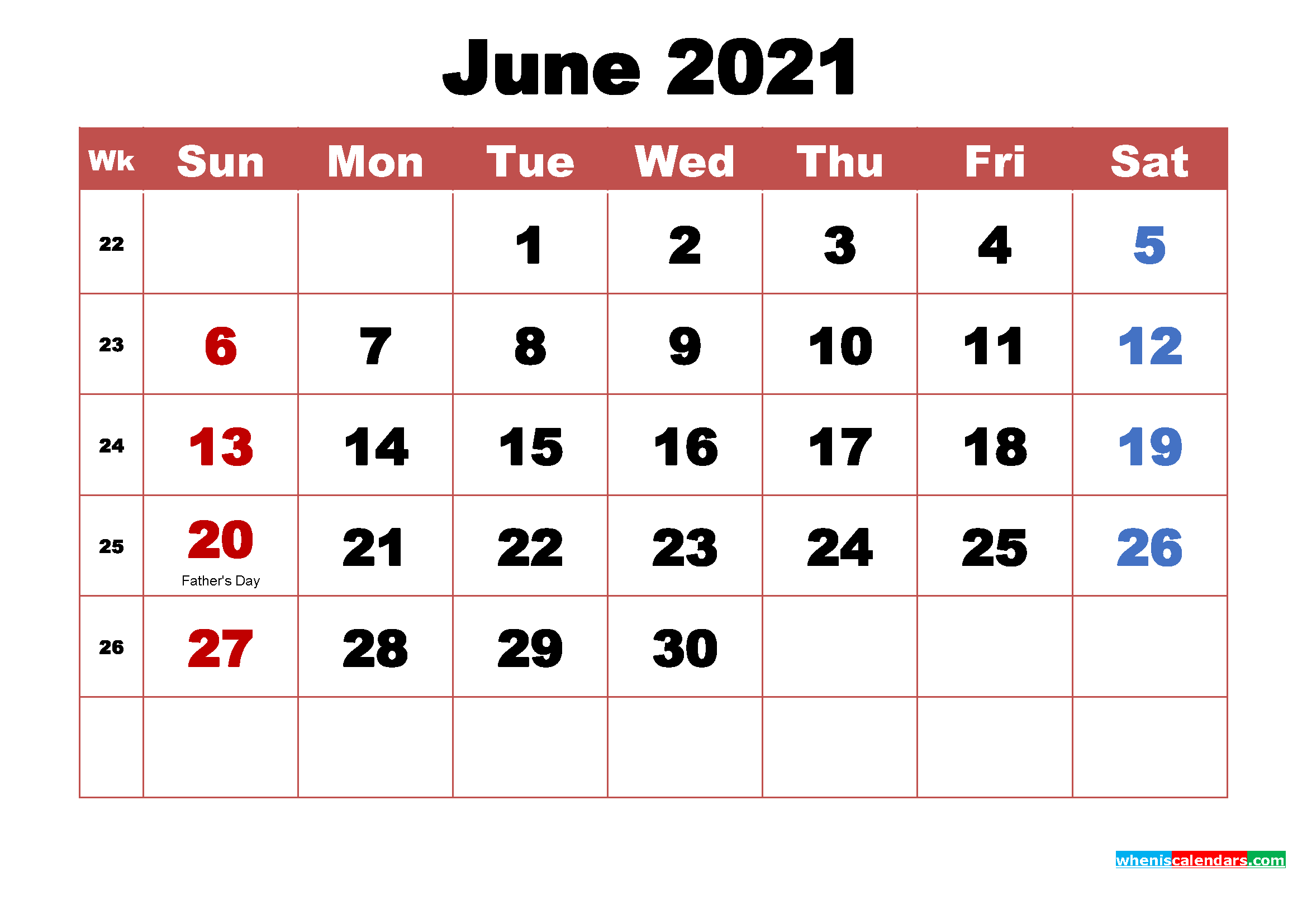 Printable June 2021 Calendar With Holidays Word Pdf