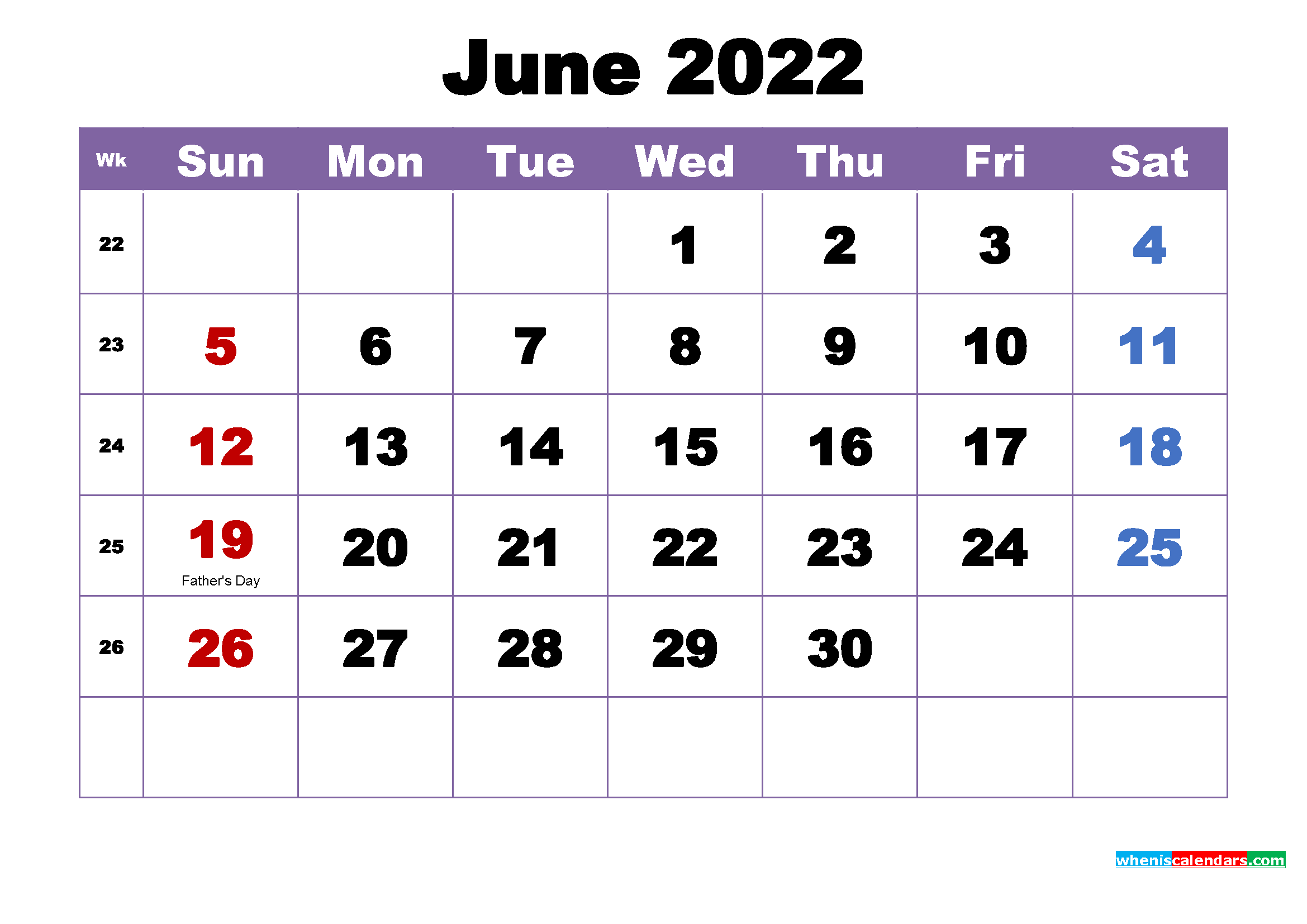 June 2022 Calendar With Holidays Printable