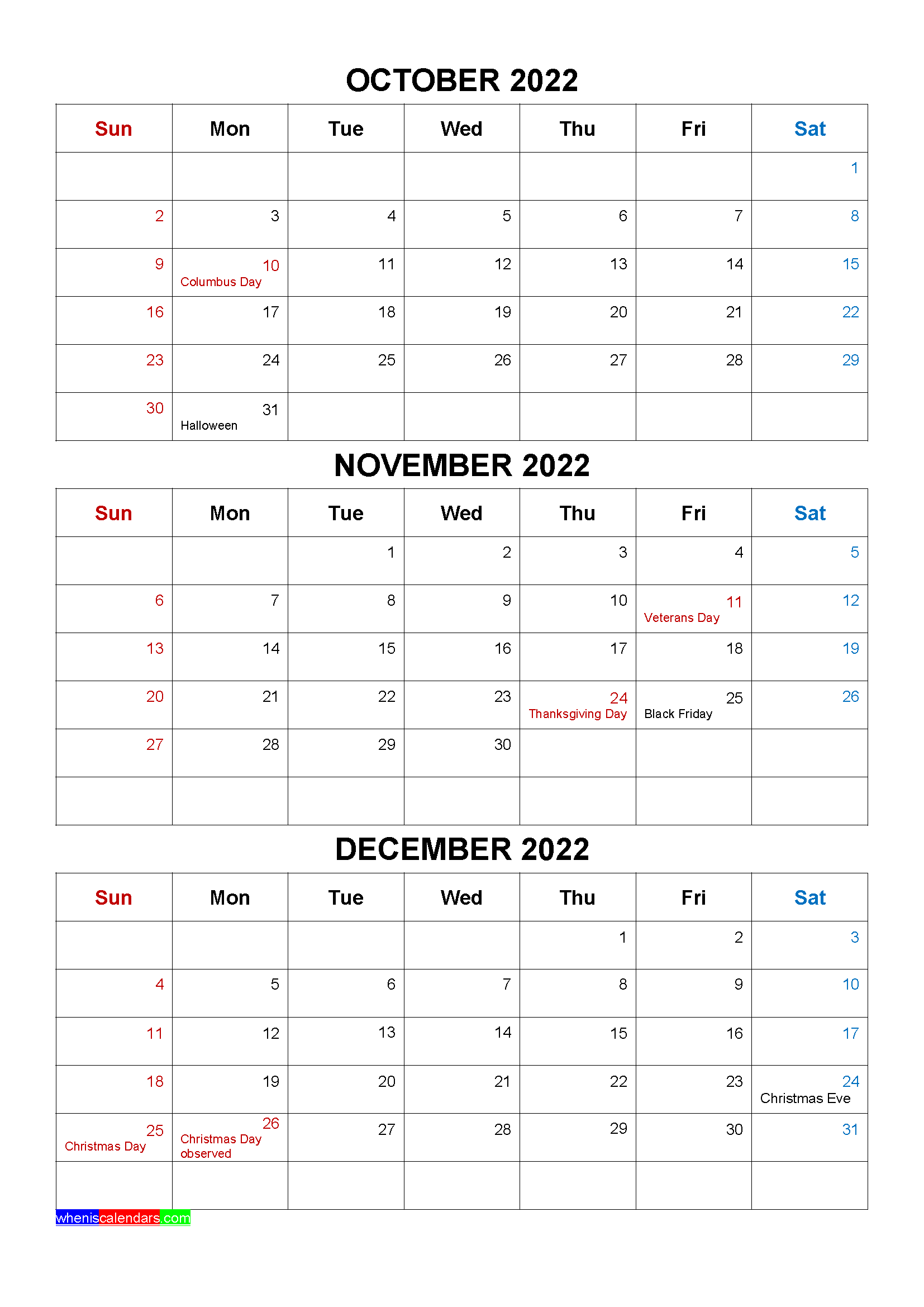 Printable October November December 2022 Calendar Template Word Pdf Riset