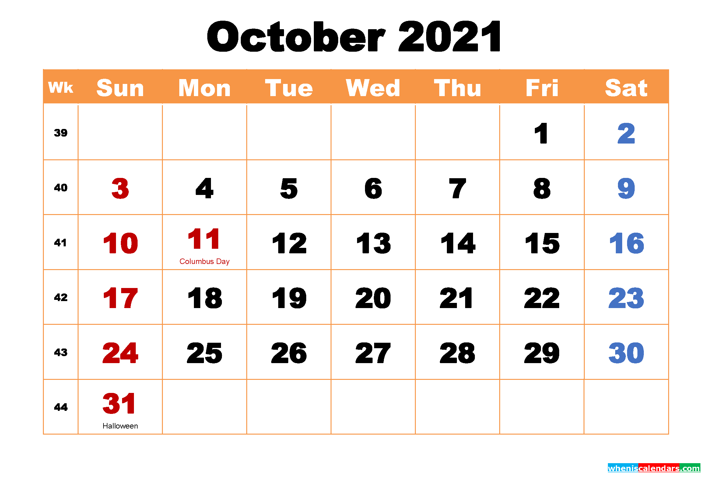 october 2021 printable monthly calendar with holidays