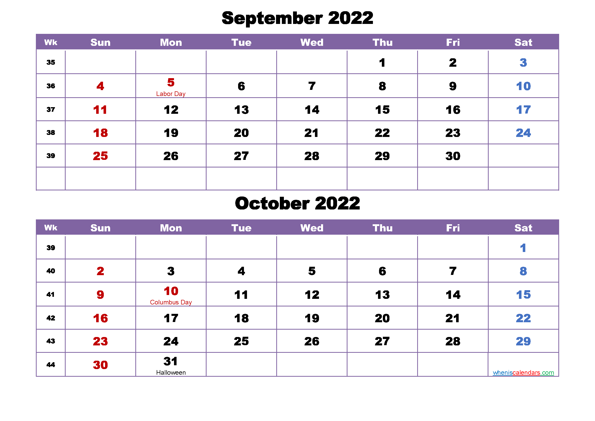 Calendar For September And October 2022 Word, PDF