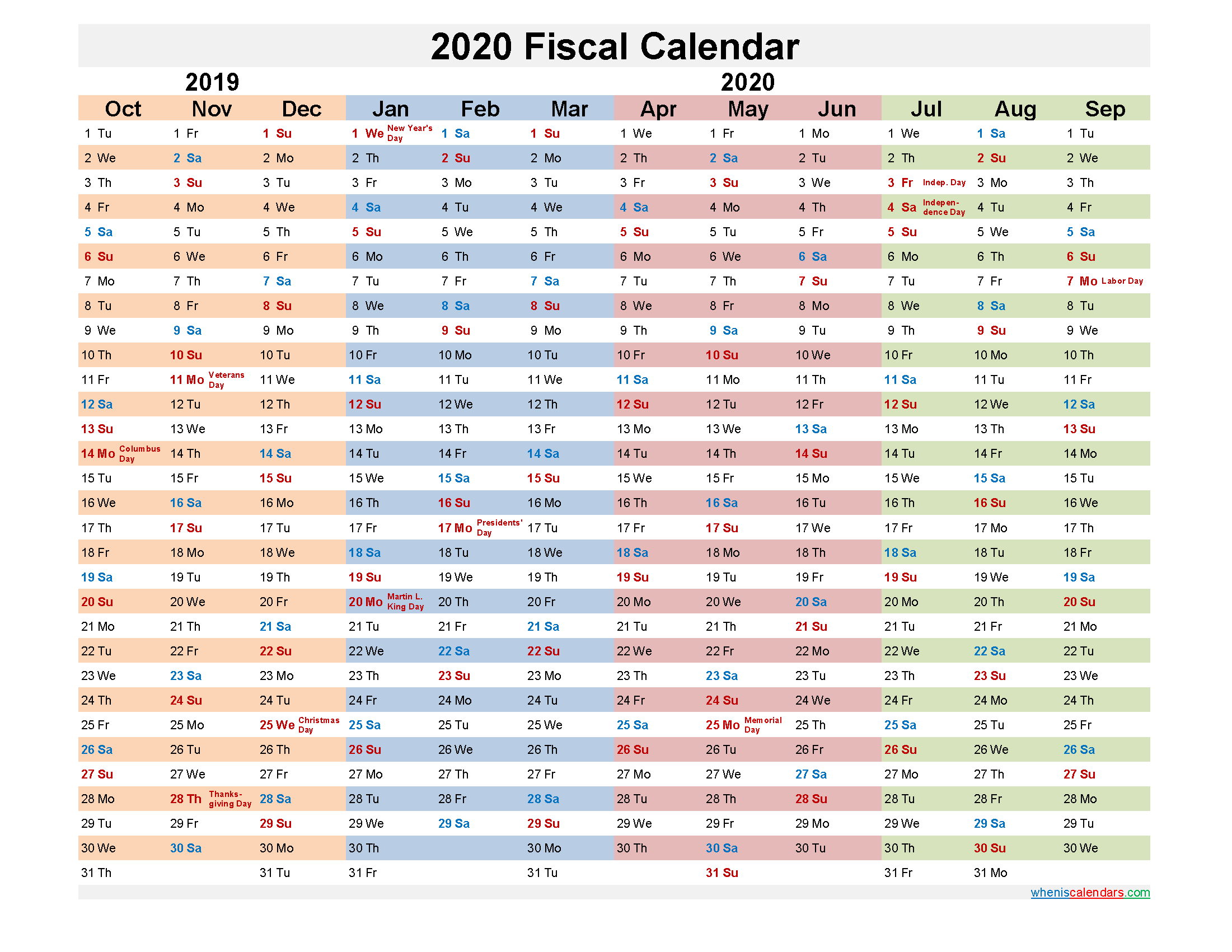 2020 Federal Fiscal Year Calendar Ls 30 