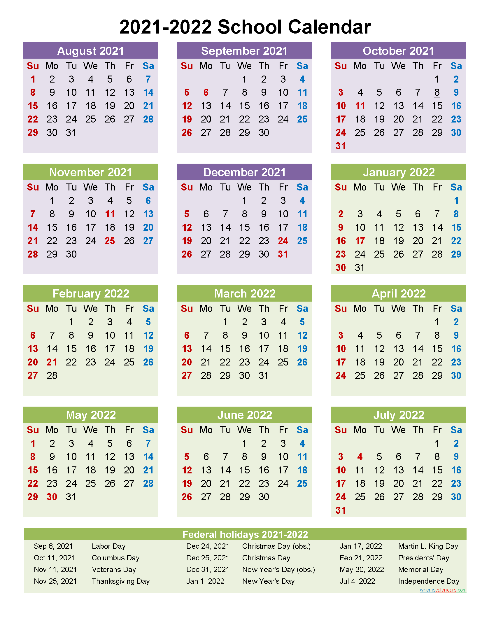 Printable 2021 2022 School Calendar Templates