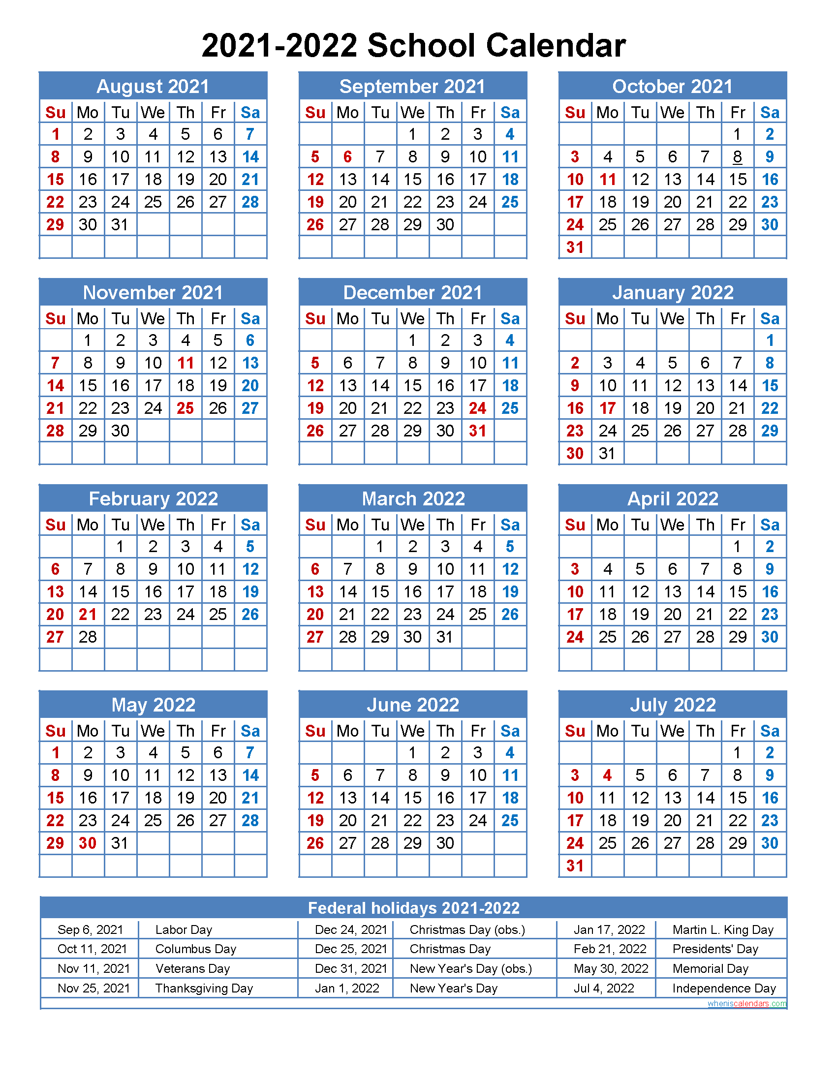 Free School Calendar 2021 To 2022 PDF And Image