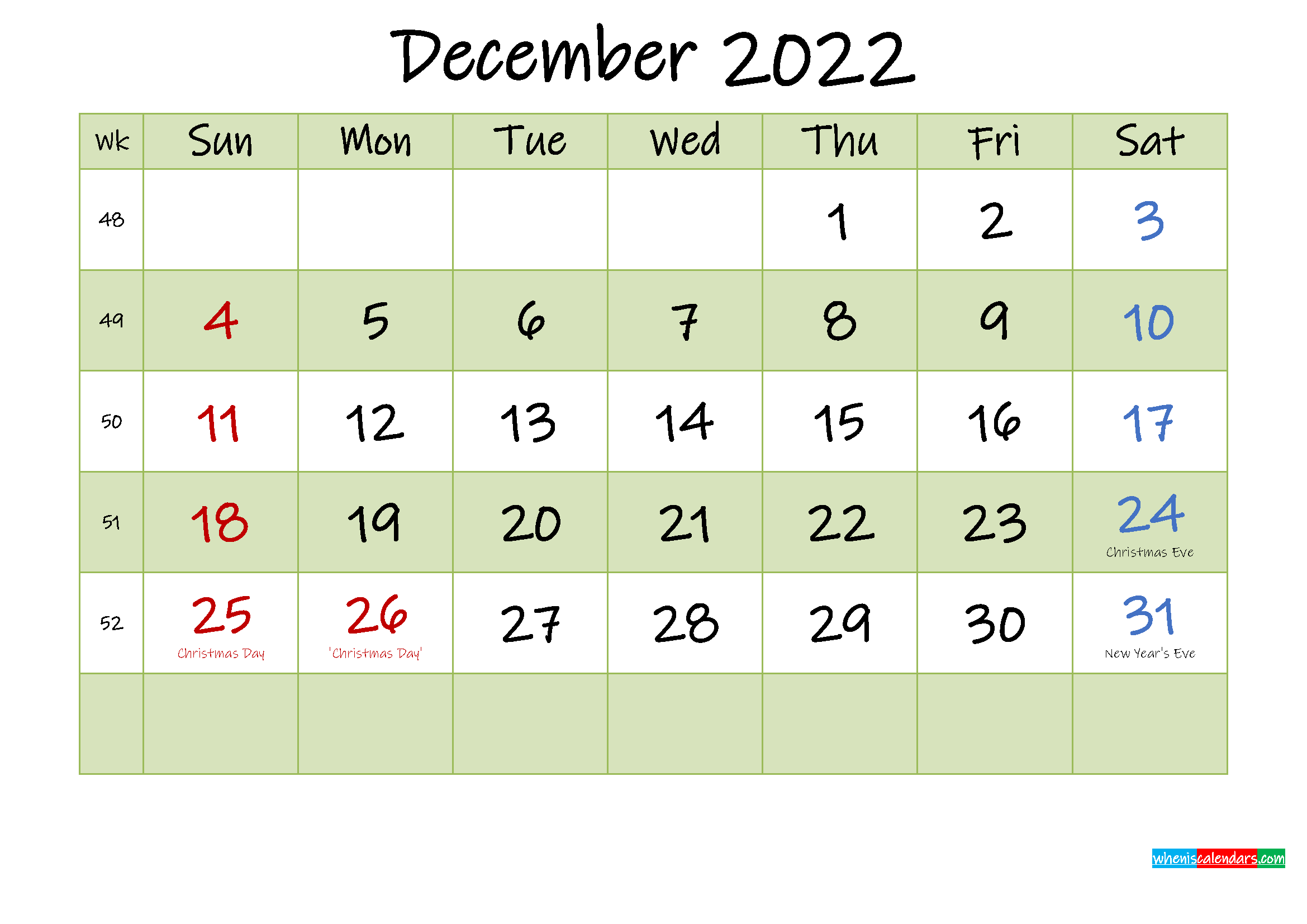 December 2022 Calendar With Holidays Printable Template No ink22m456