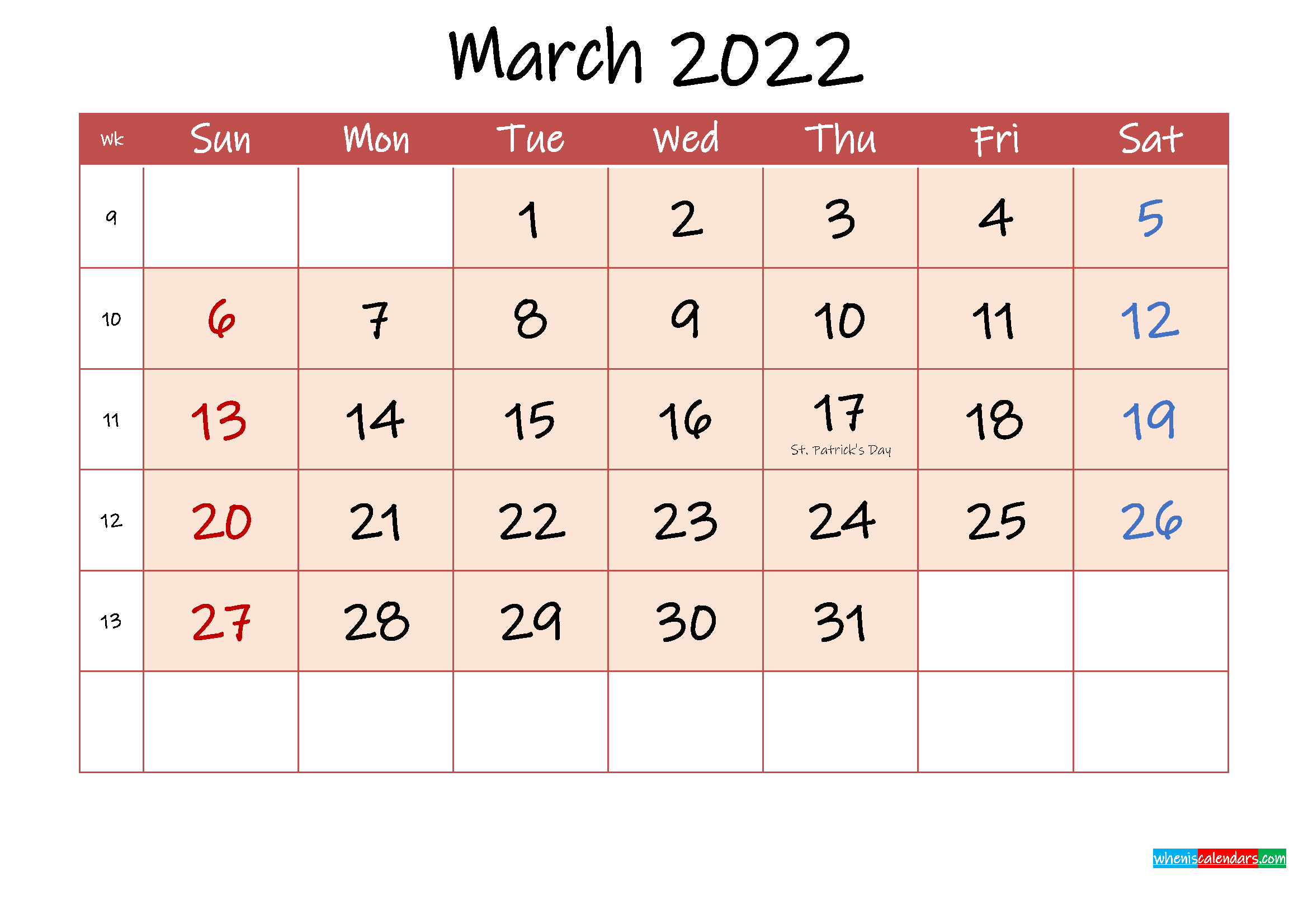 printable march 2022 calendar with holidays word pdf