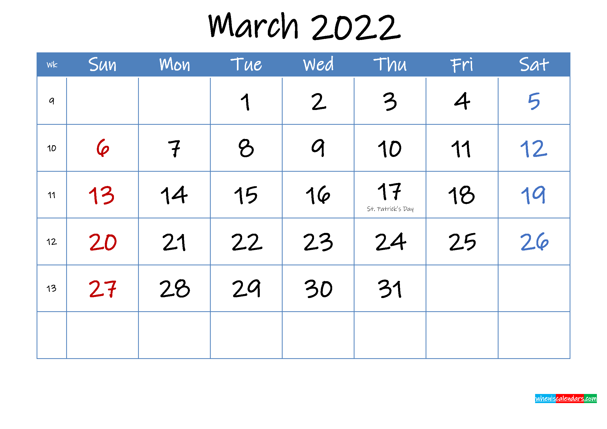 Printable March 2022 Calendar Word Template Ink22m15