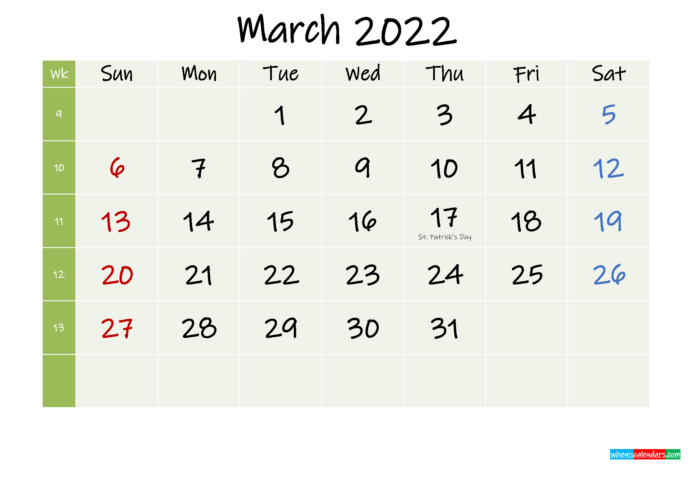 March 2022 Calendar With Holidays Printable Template K22m291