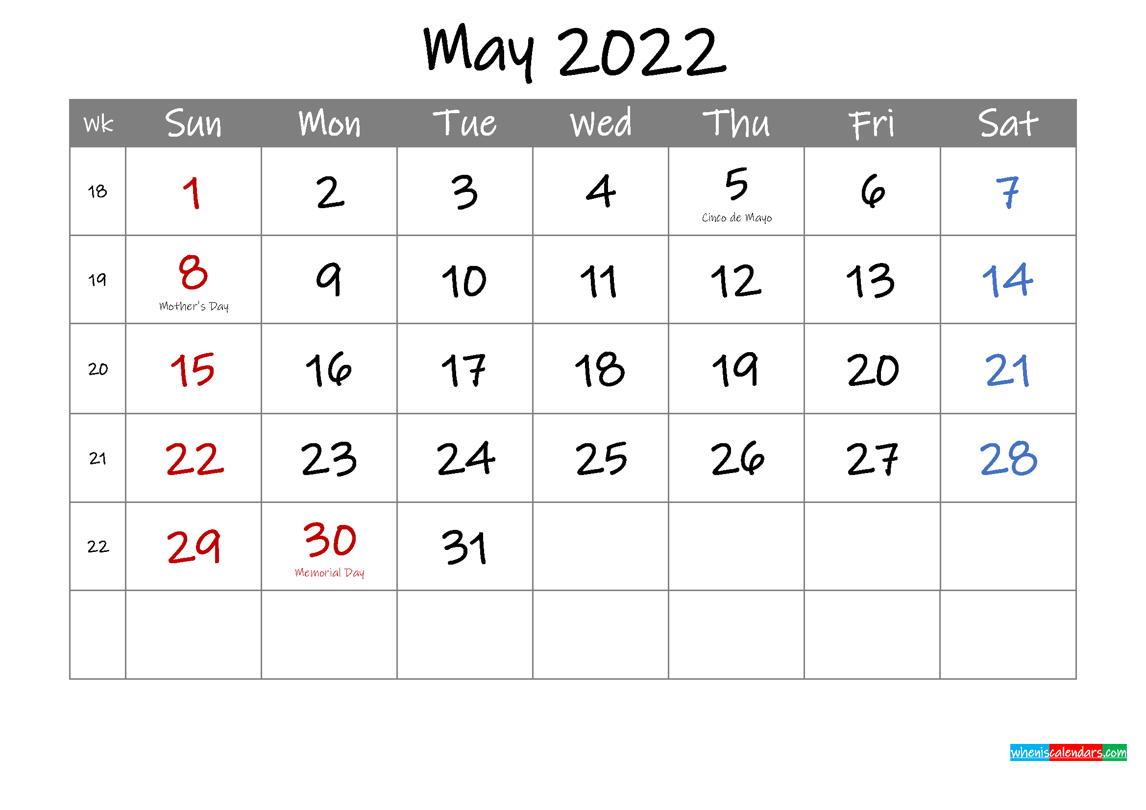 Editable May 2022 Calendar With Holidays - Template Ink22m5