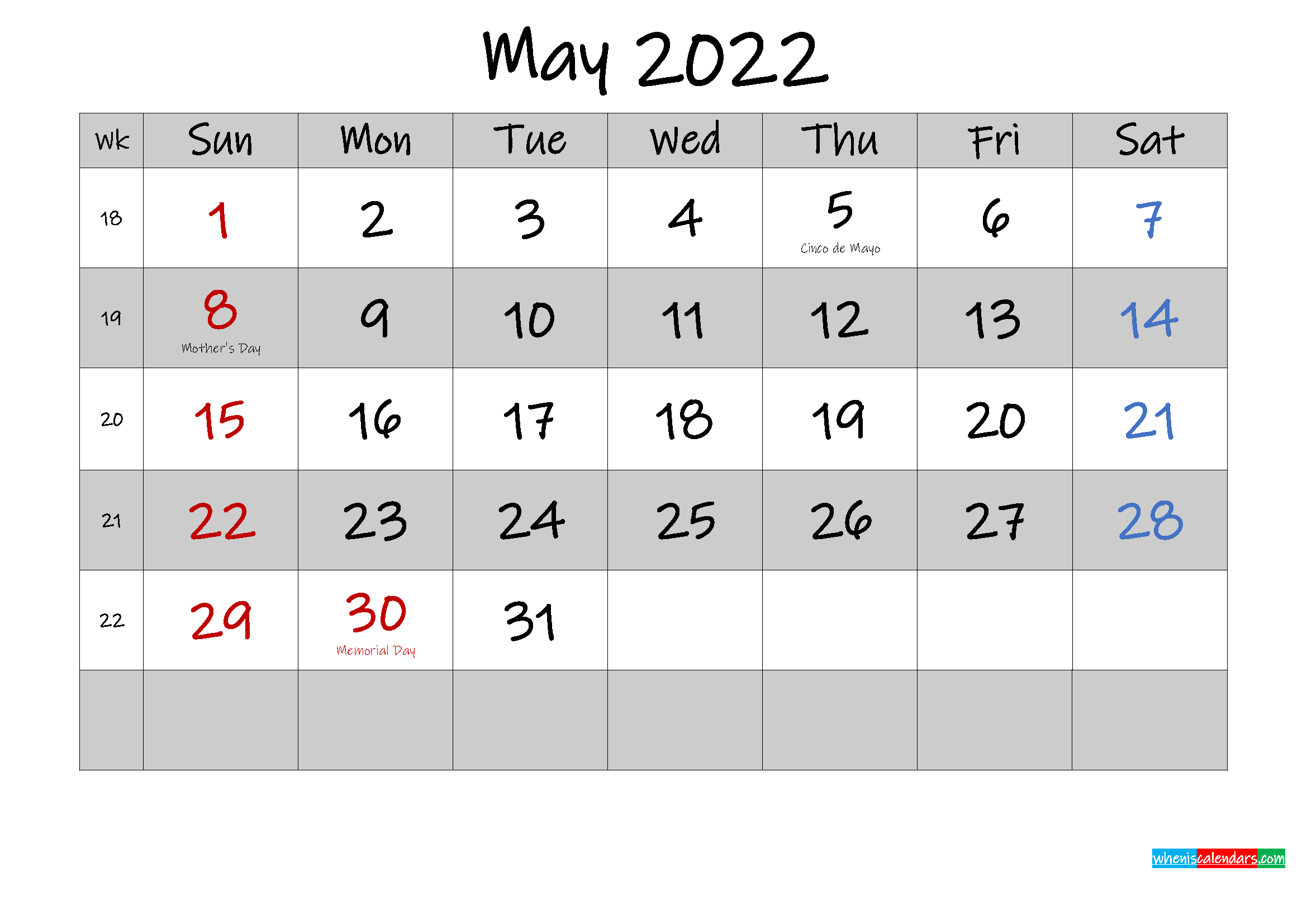 Free Printable May 2022 Calendar With Holidays - Template No.ink22m569