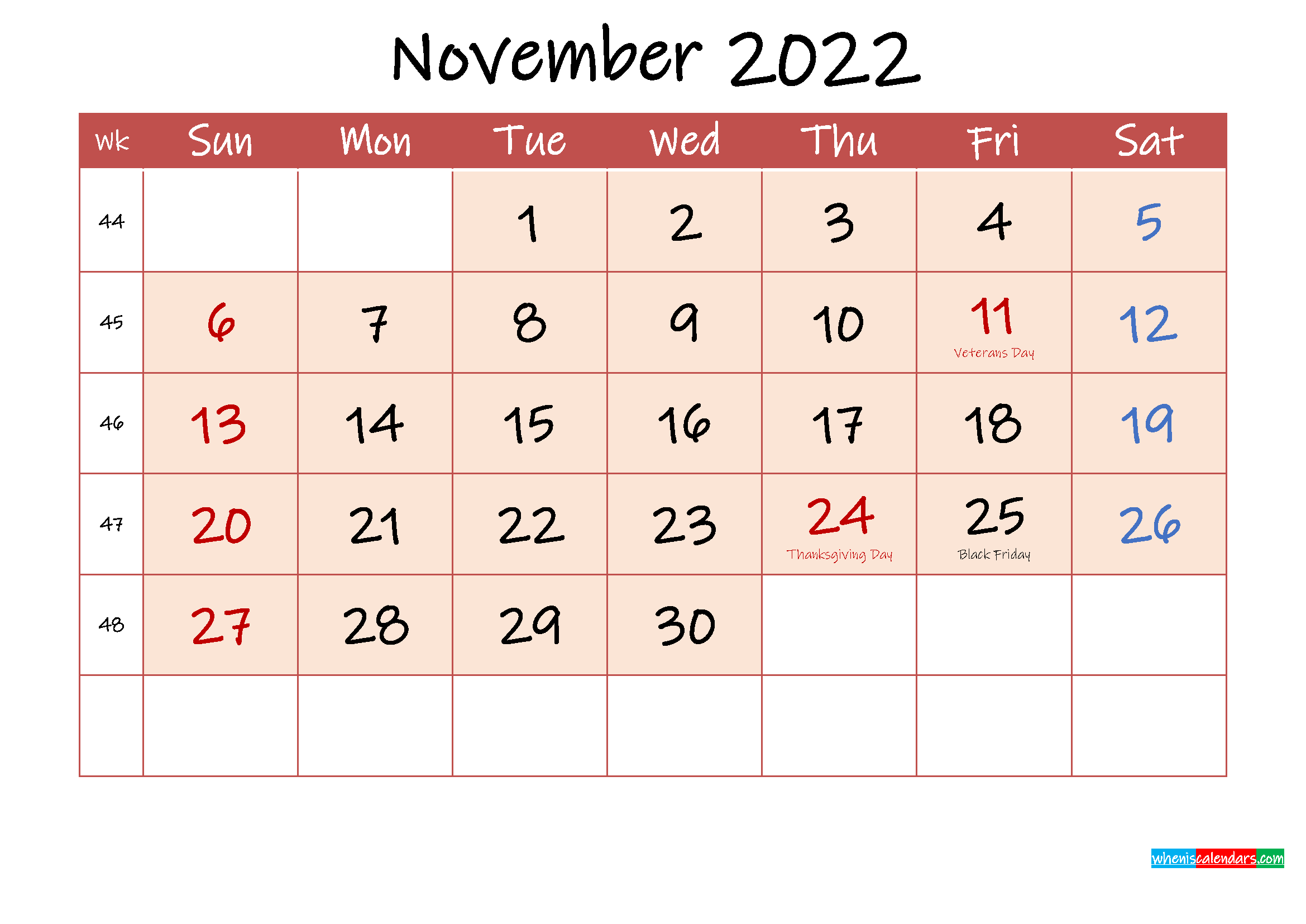 November 2022 Free Printable Calendar With Holidays - Template Ink22m119