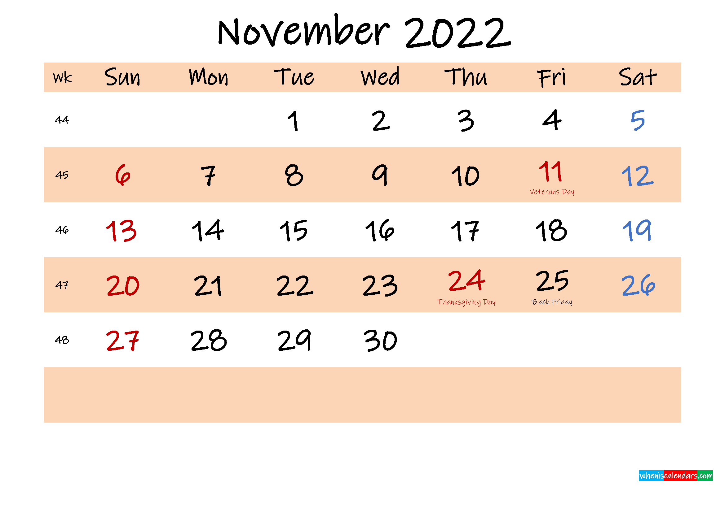 Printable Calendar November 2022 Template No ink22m563