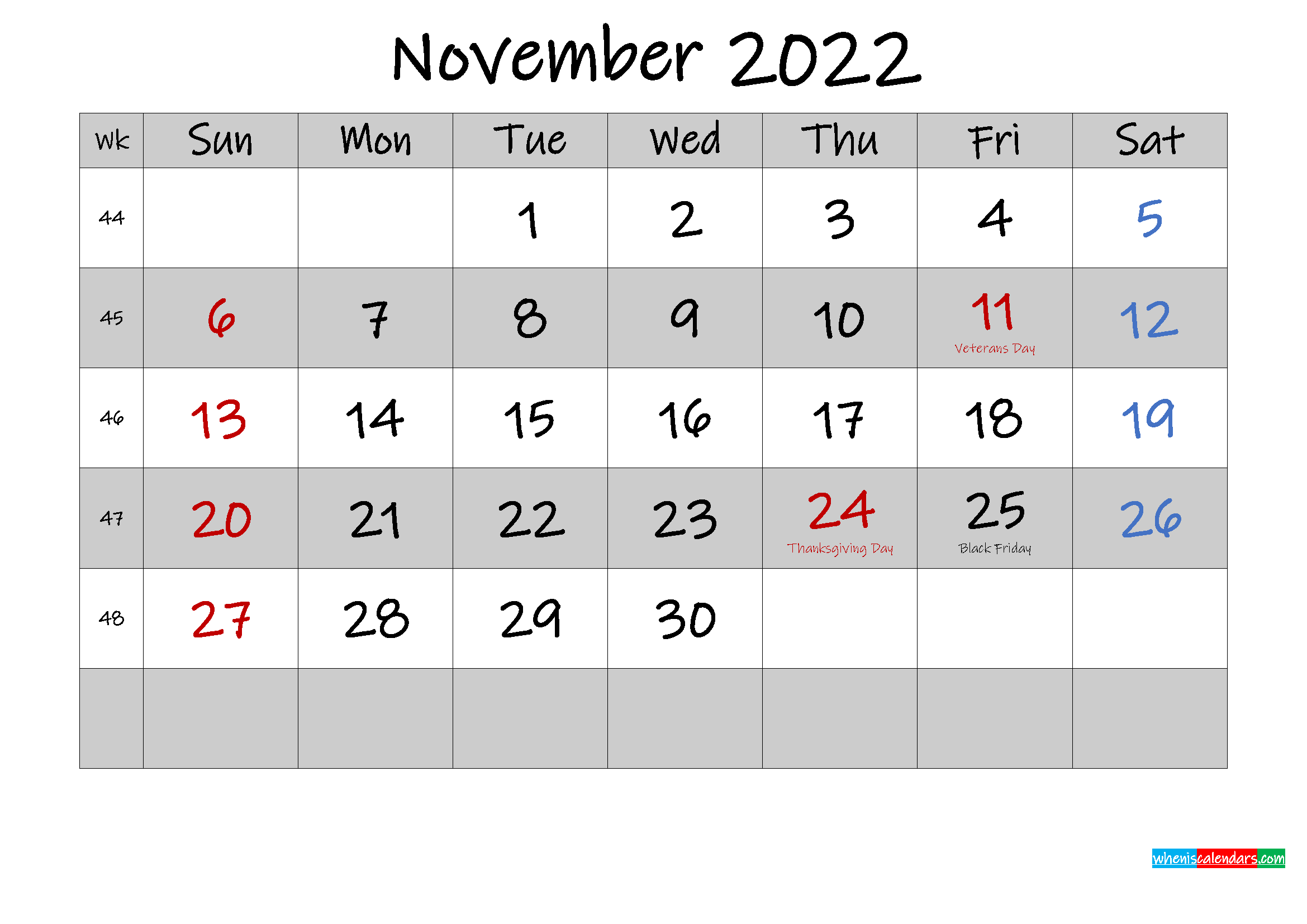 Free Printable November 2022 Calendar With Holidays - Template No.ink22m575