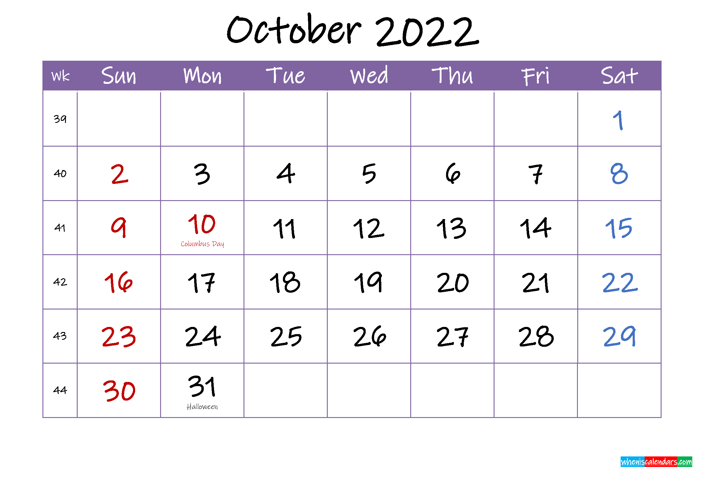 October 2022 Calendar With Holidays Printable Template Ink22m58