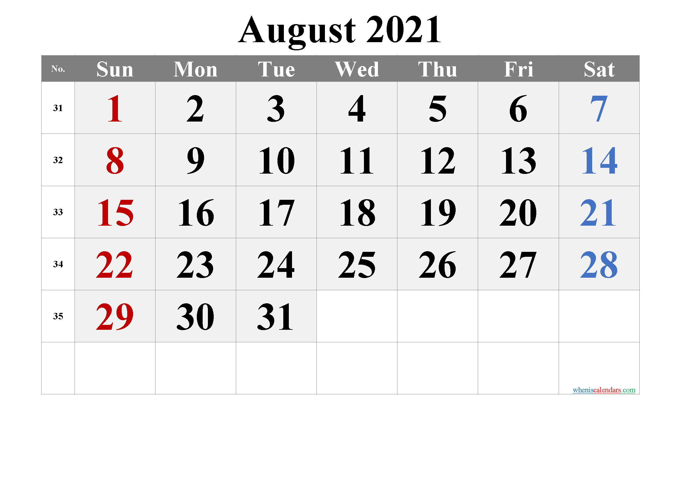 Printable August 2021 Calendar With Holidays Template Notr21m68