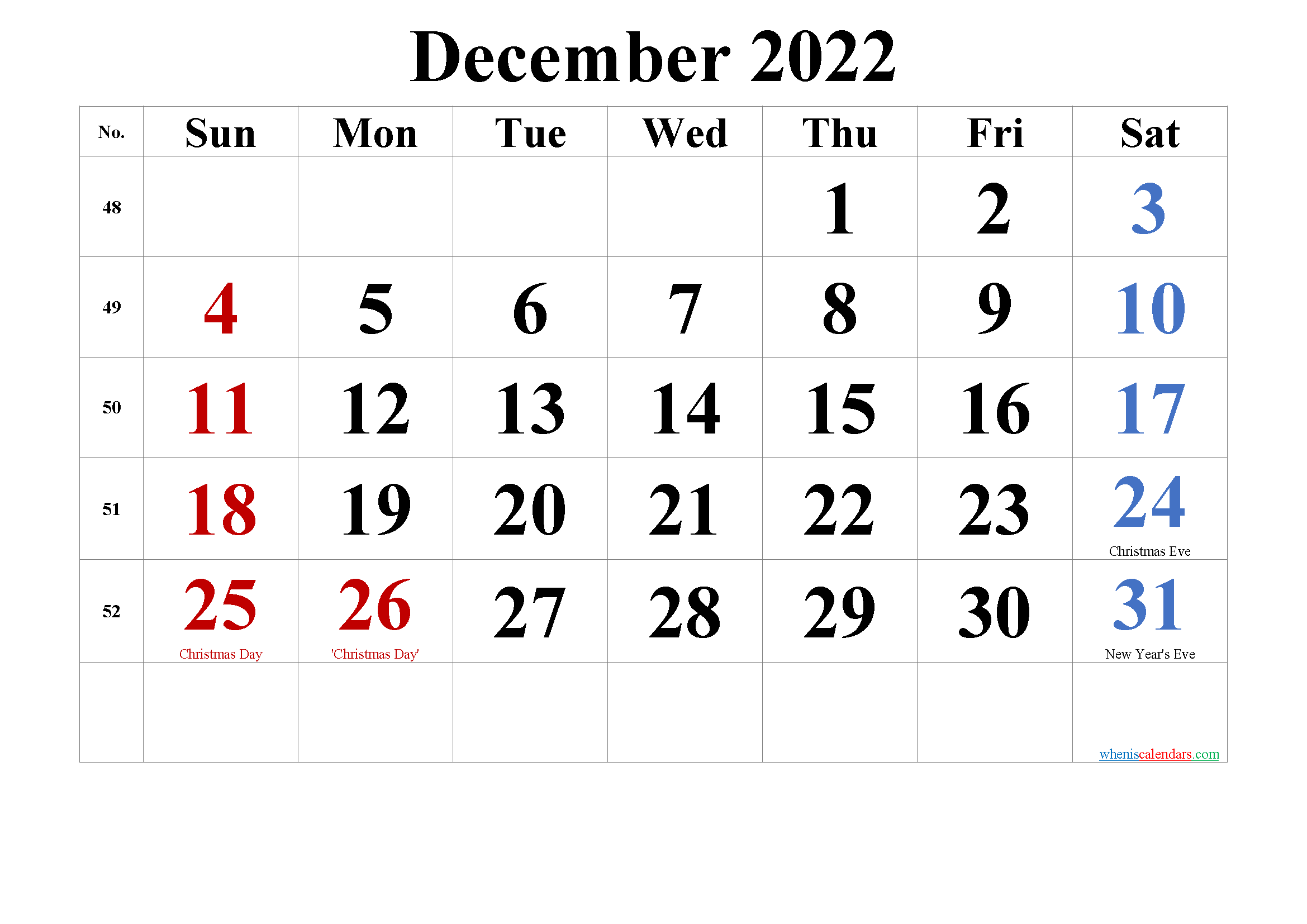 Free Printable 2022 December Calendar - Printable World Holiday