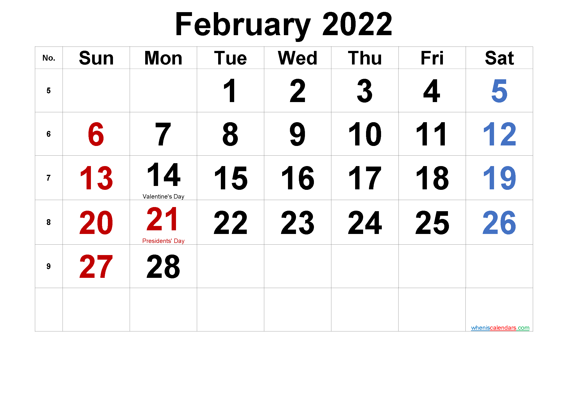 Free Printable February 2022 Calendar With Holidays Template Noar22m38
