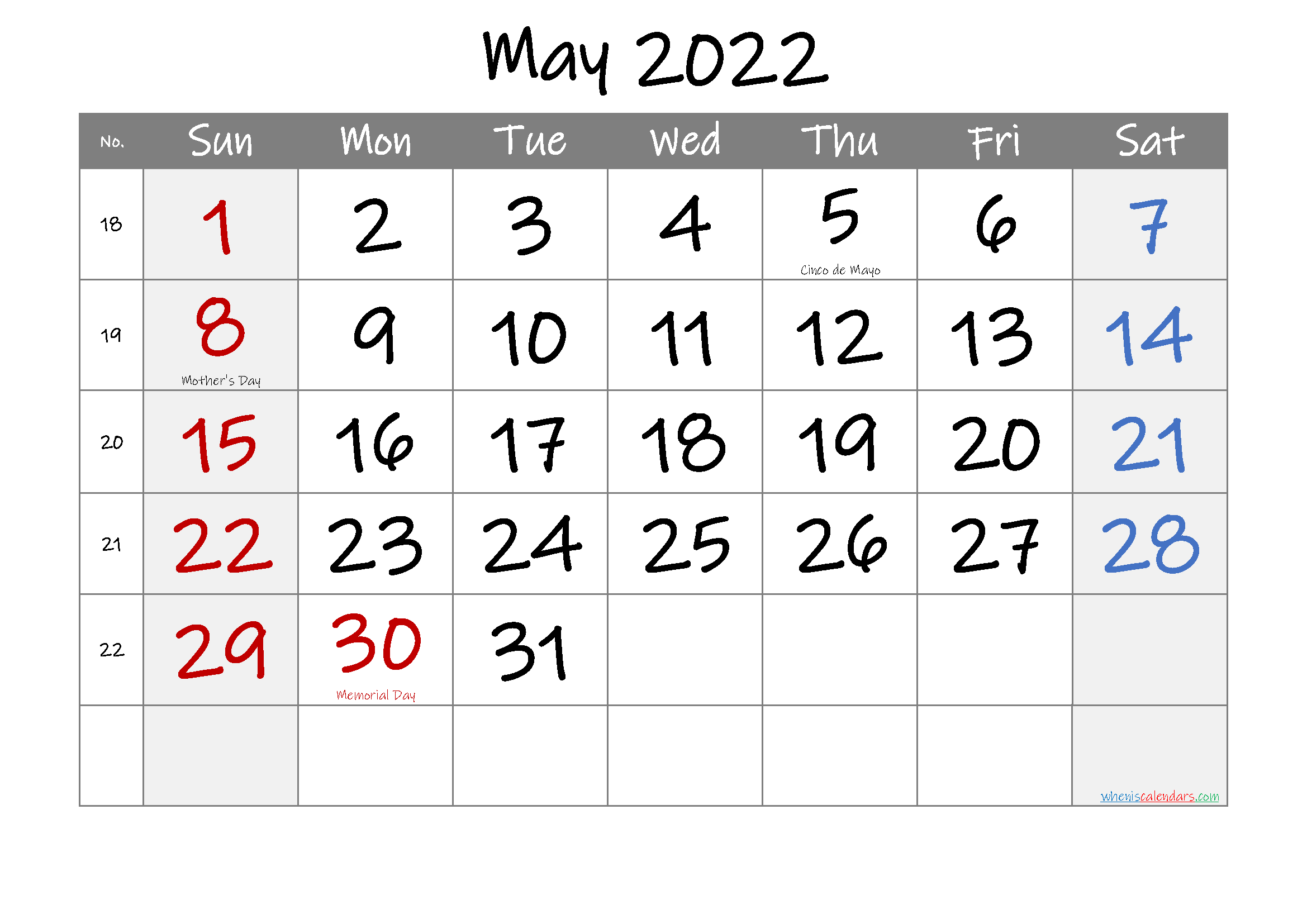 May 2022 Free Printable Calendar With HolidaysTemplate No.if22m17