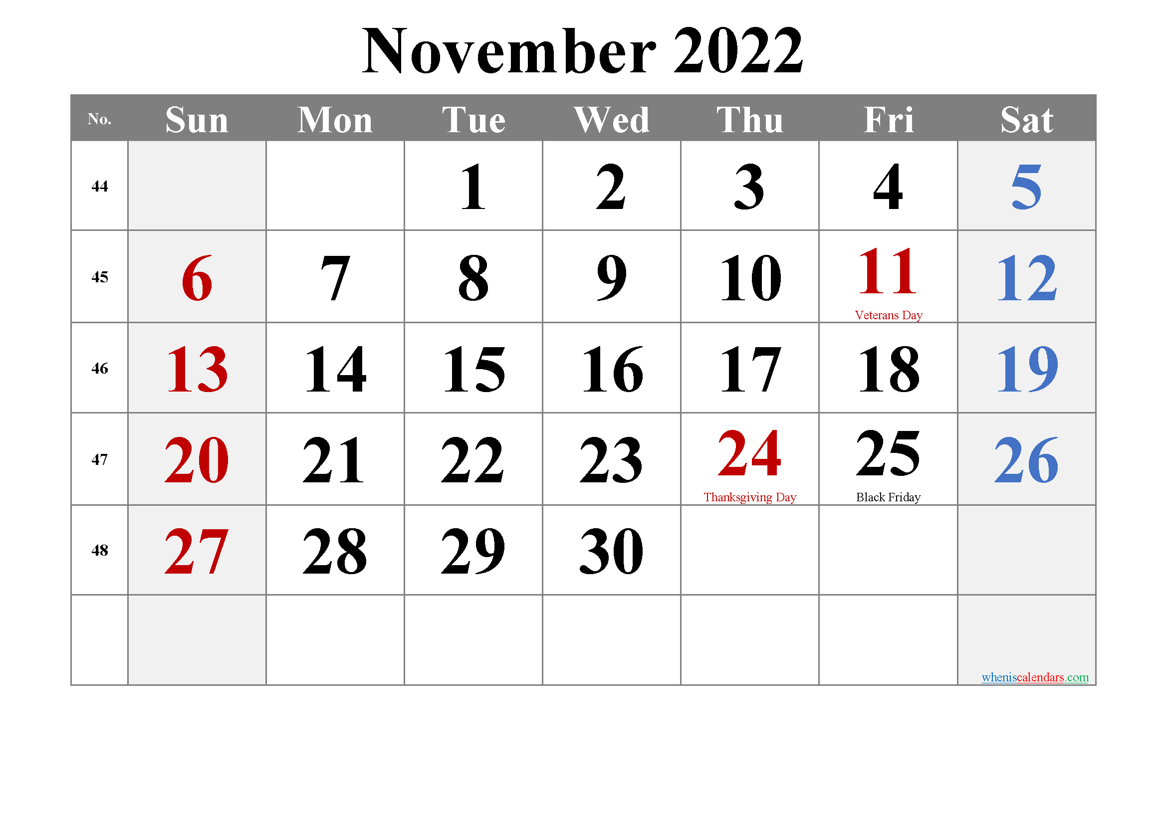 NOVEMBER 2022 Printable Calendar With Holidays 6 Templates