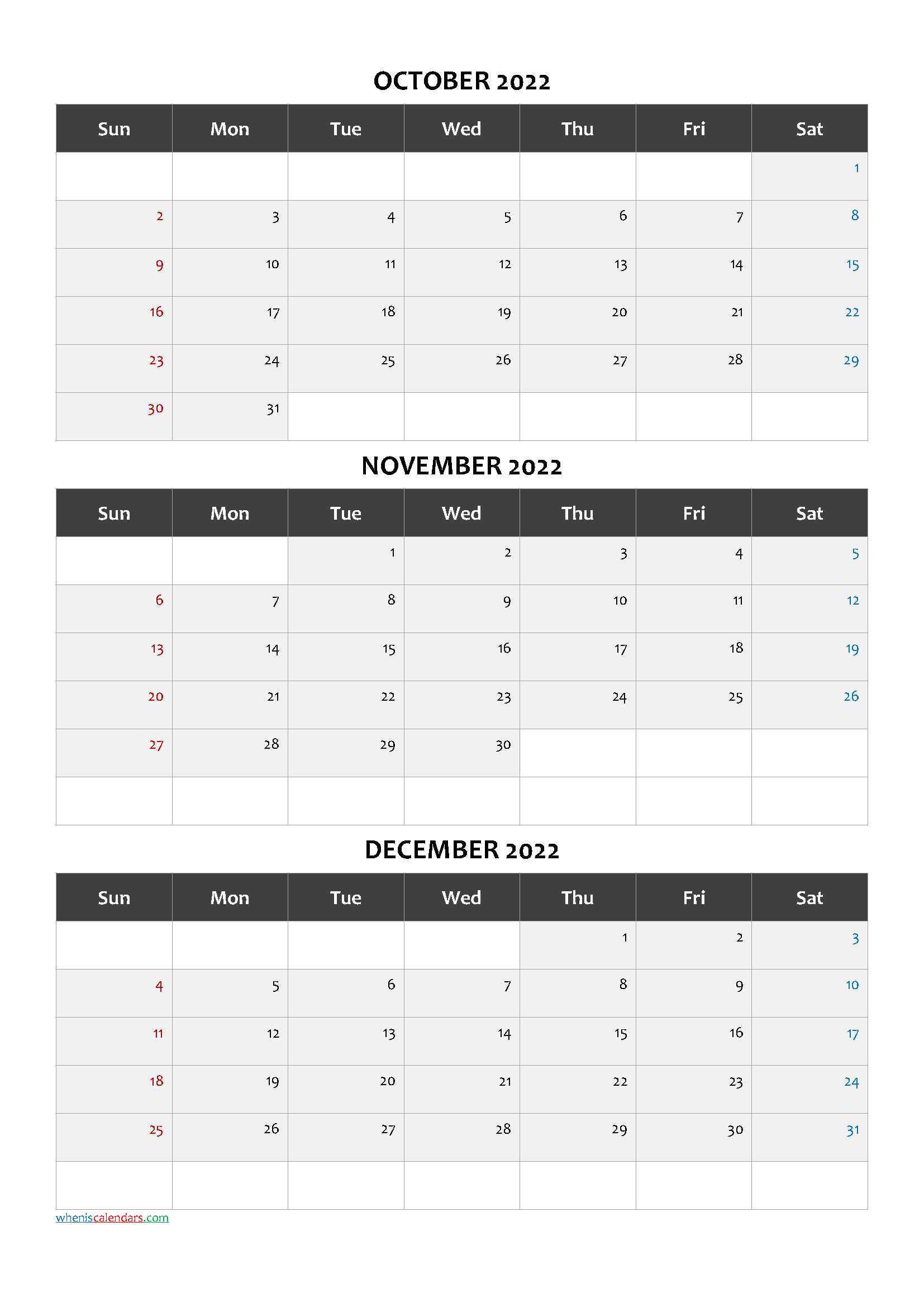 October November December 2022 Printable Calendar Template Codecand3