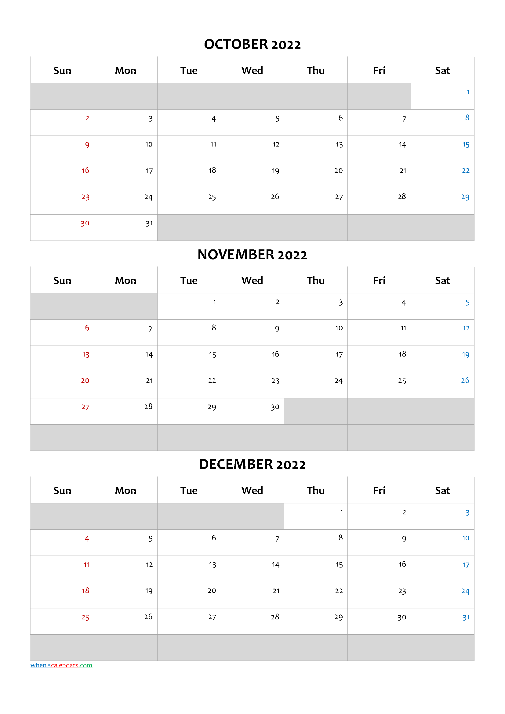 October November December 2022 Calendar Template Q1 Q2 Q3 Q4