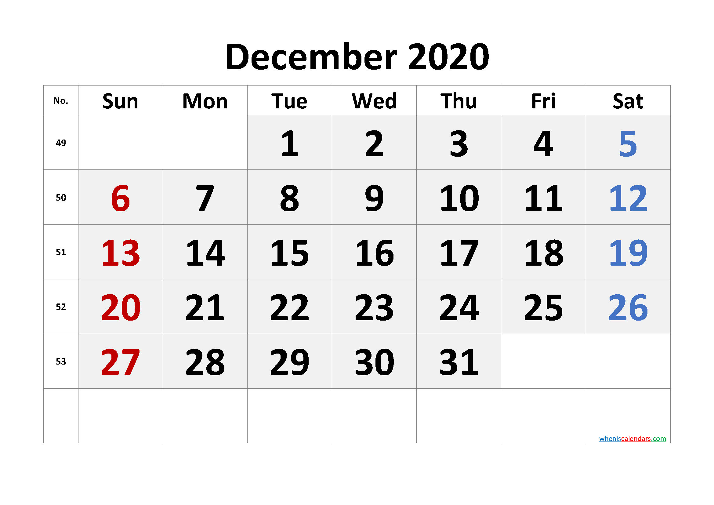 2020 December Free Printable Calendar Free Premium