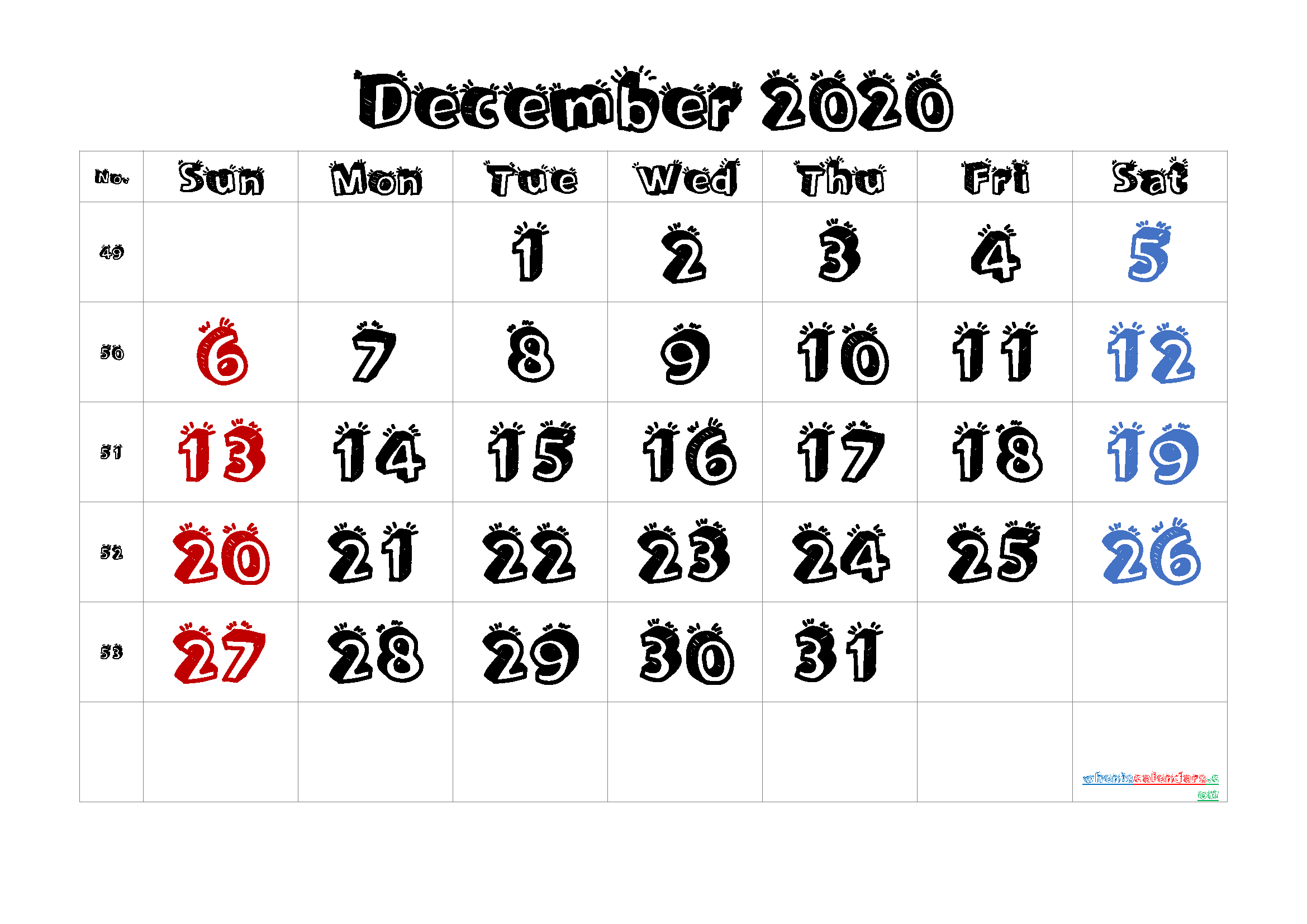 Printable Calendar 2020 December