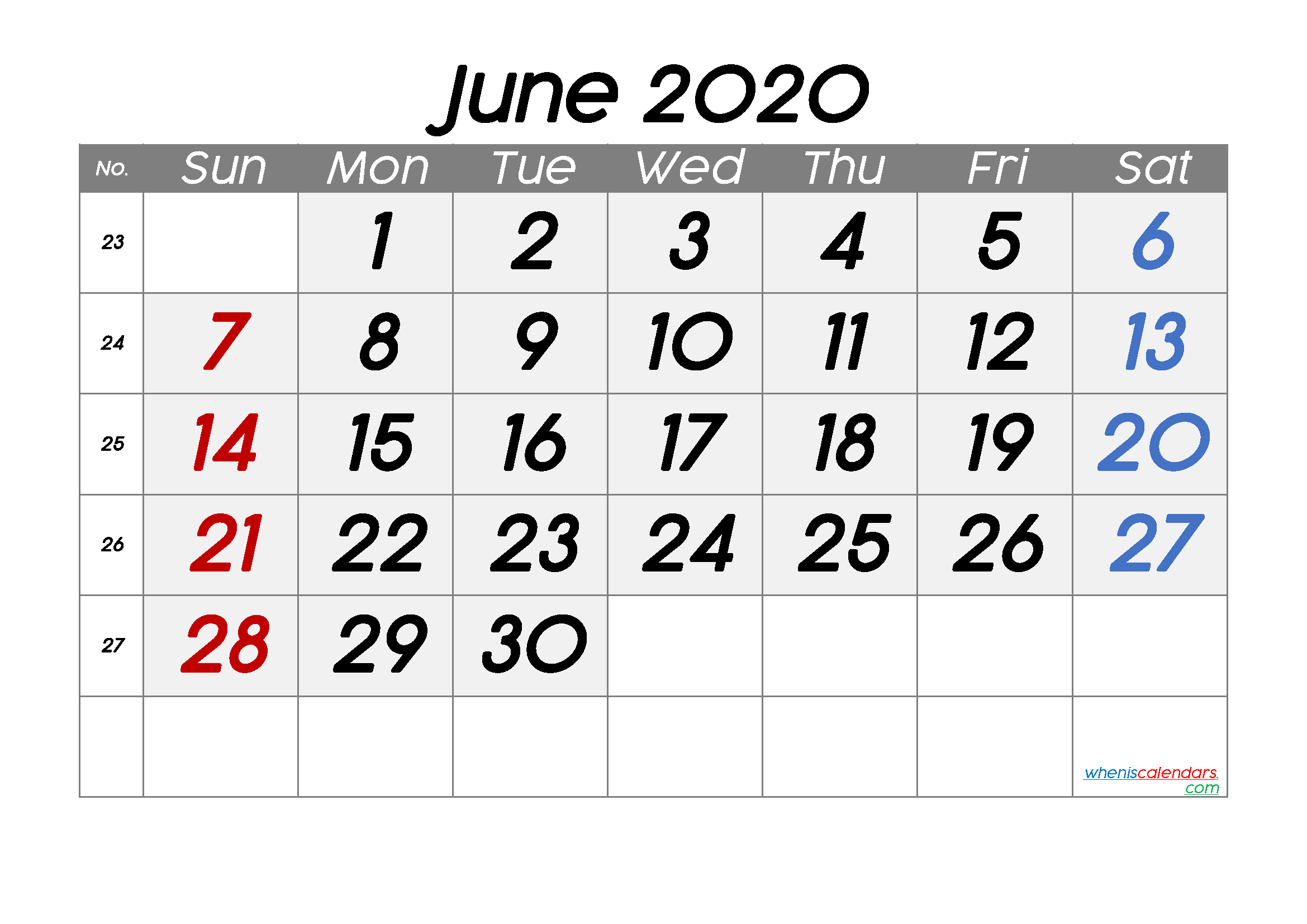 June 2020 Printable Calendar Free Premium