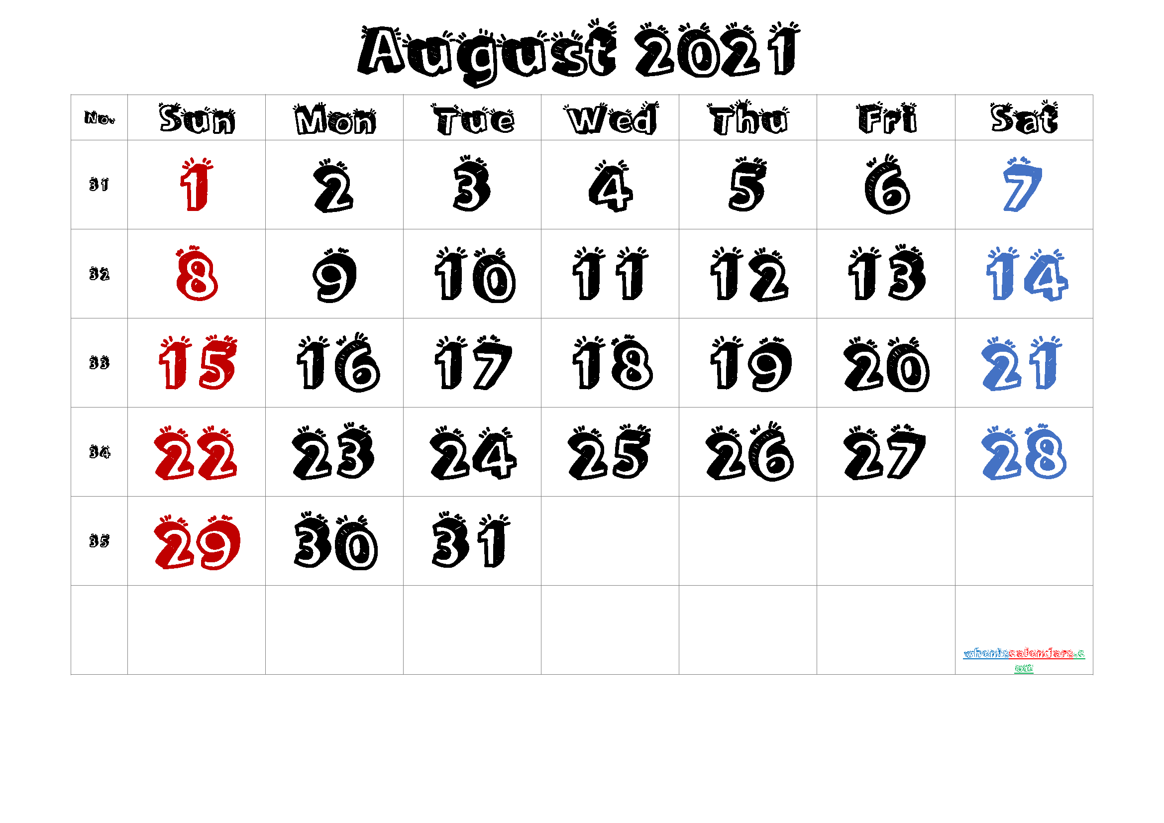 Free Printable Calendar 2021 August Free Premium