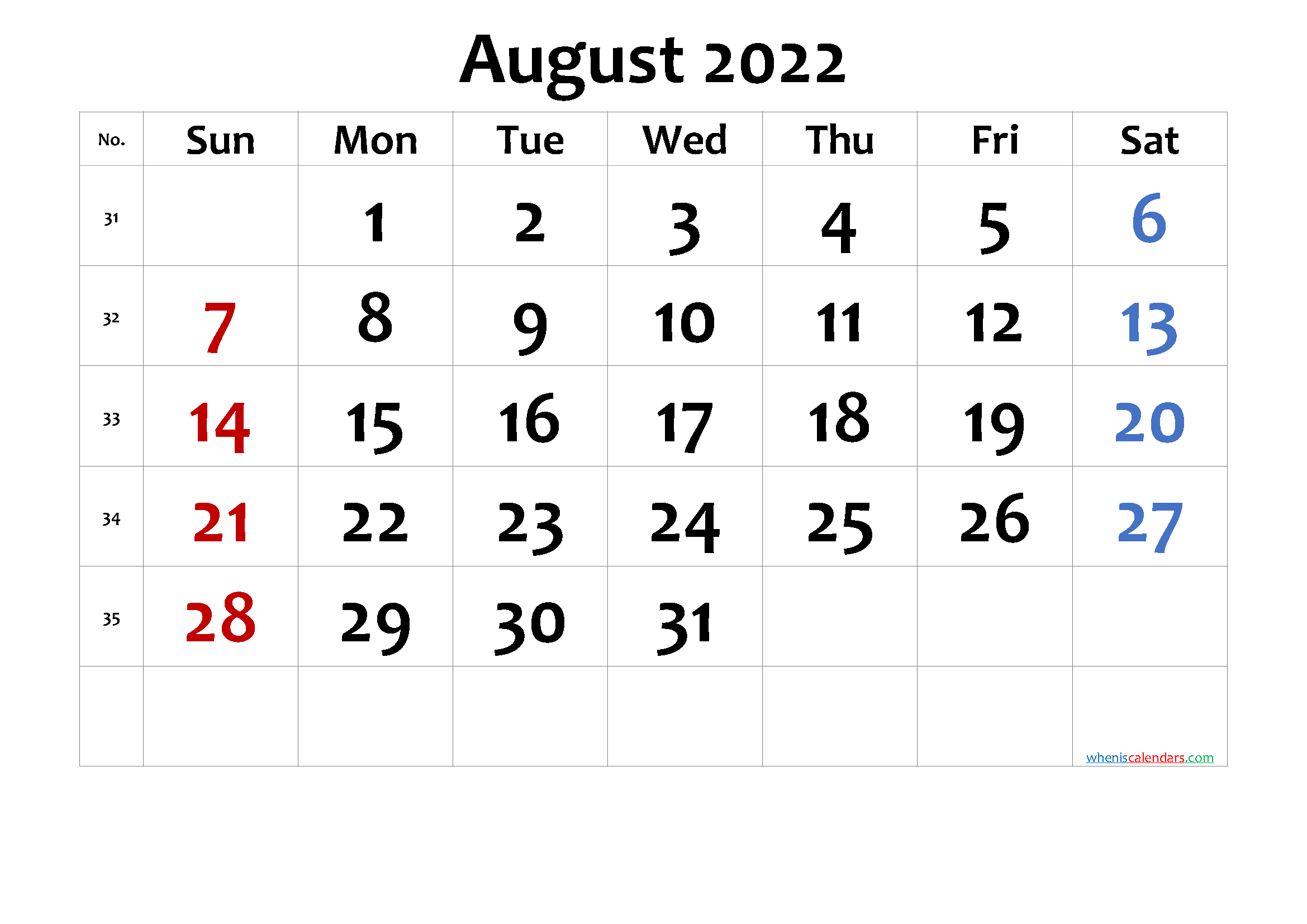 Free Printable August 2022 Calendar - 6 Templates