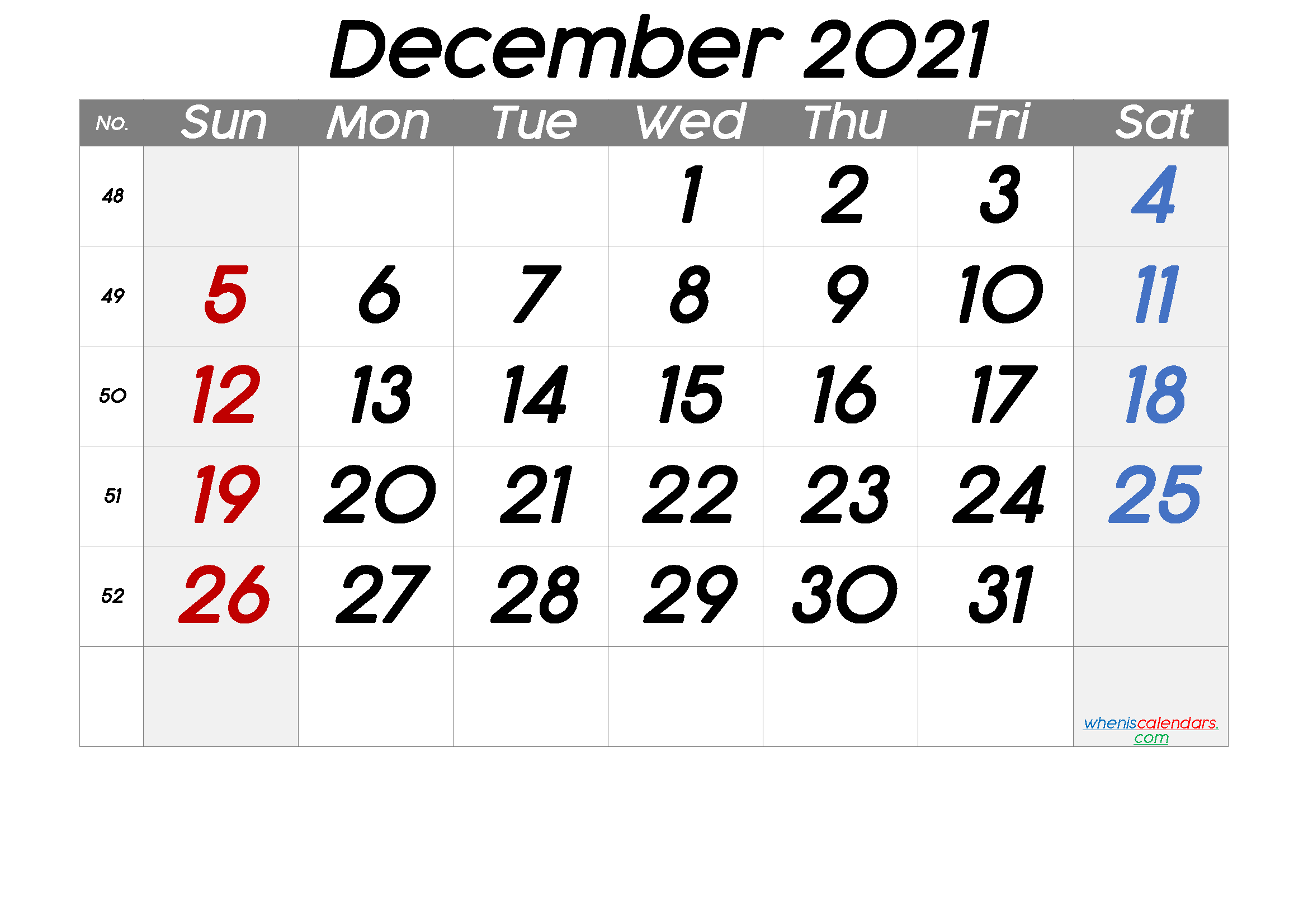 Free December 2021 Calendar With Week Numbers