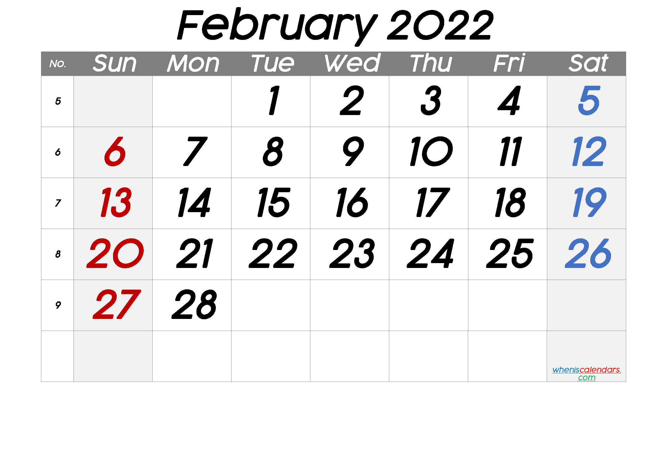February 2022 Printable Calendar With Week Numbers Free Premium