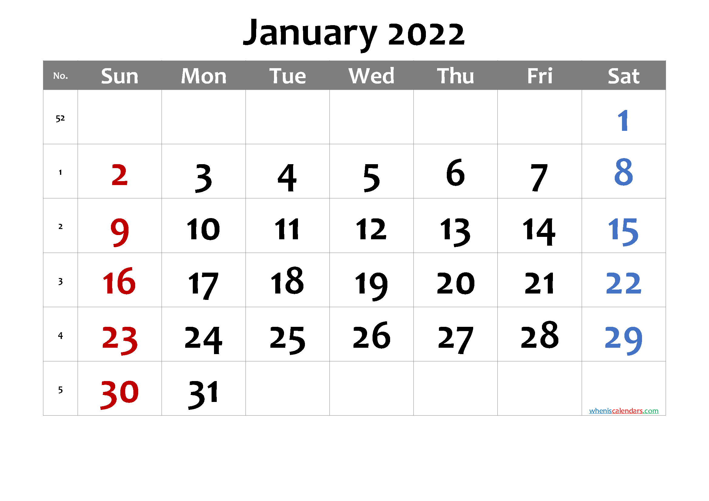 Free Printable January 2022 Calendar Premium 