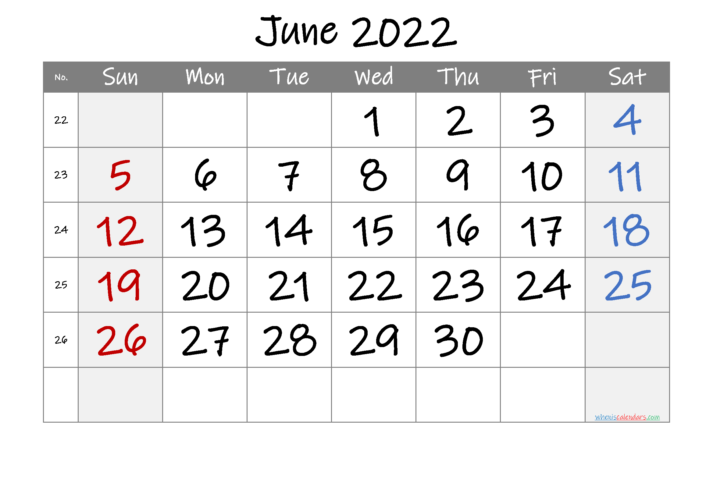 Free Printable 2022 June Calendar
