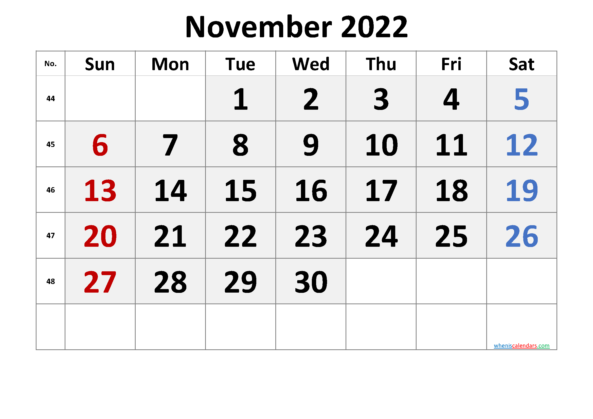 november 2022 printable calendar with week numbers free