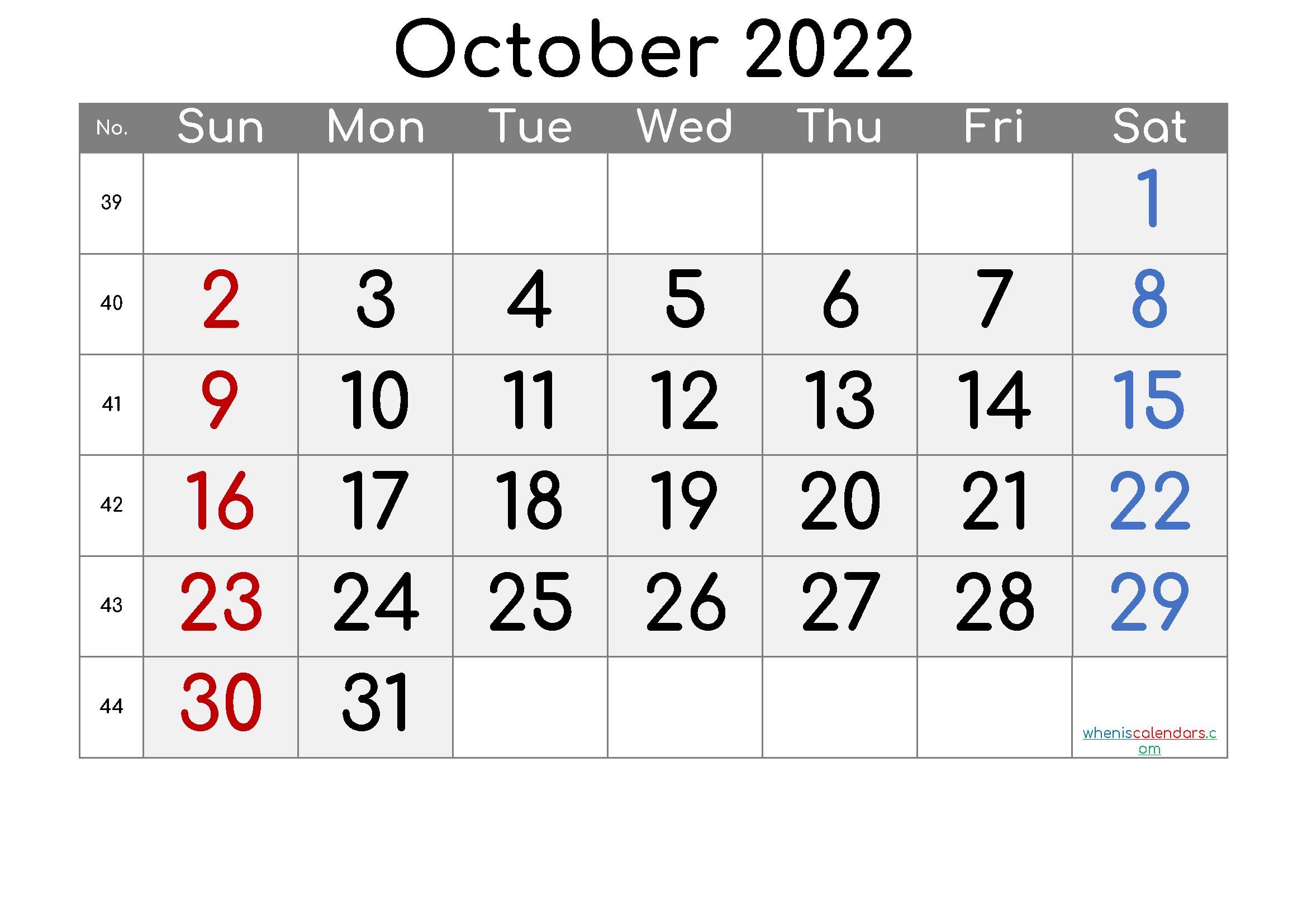 Printable Free Monthly Calendar October 2022
