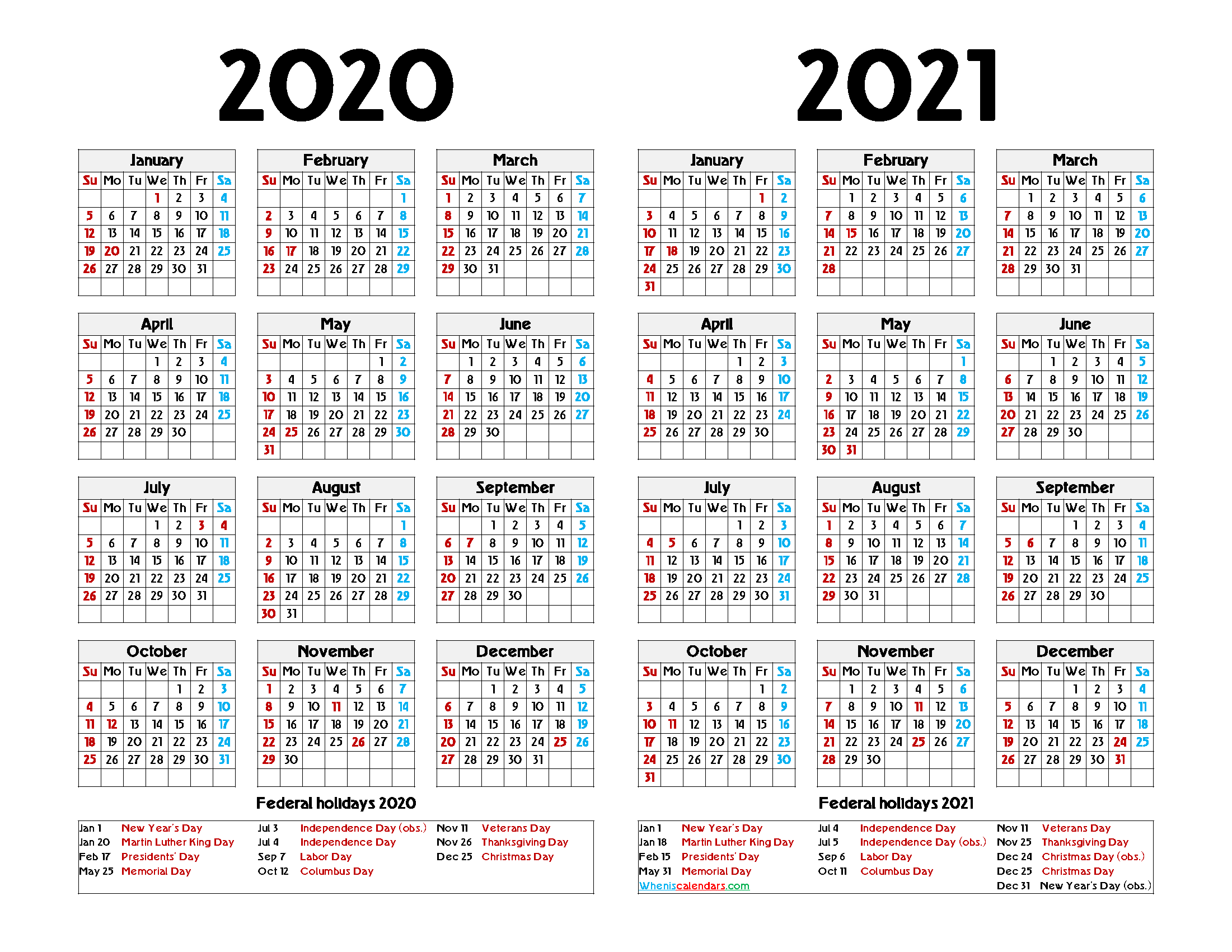 2020 2021 Printable Calendar With Holidays 6 Templates