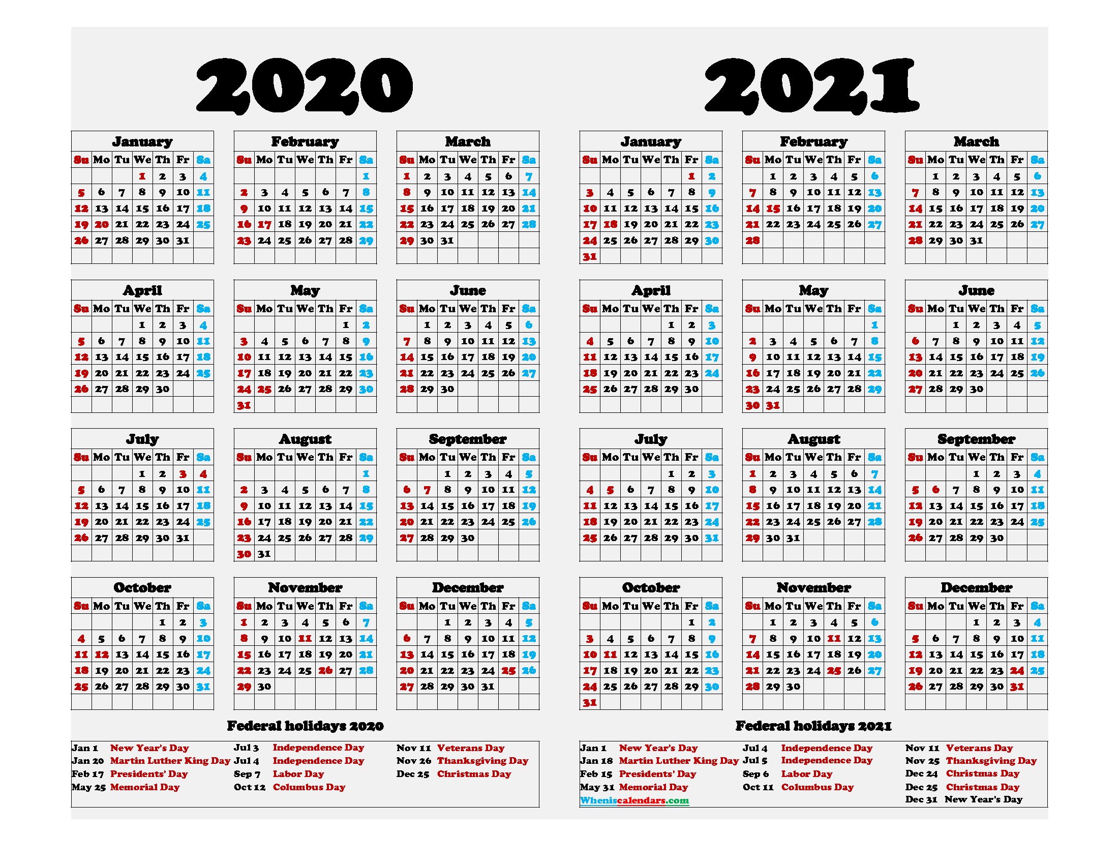 2020 2021 Calendar Printable with Holidays
