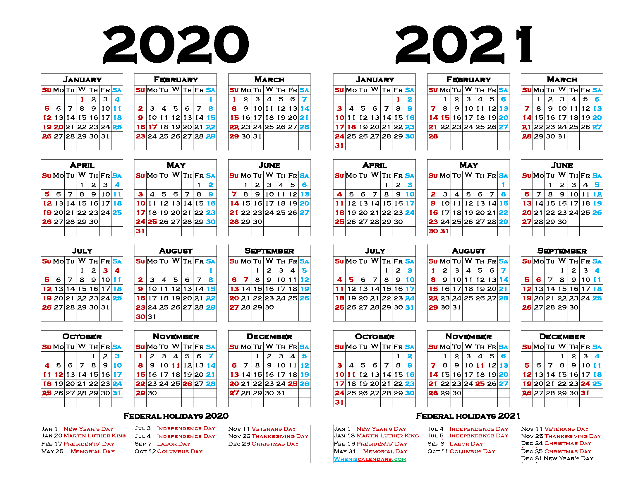 2020 2021 Printable Calendar with Holidays