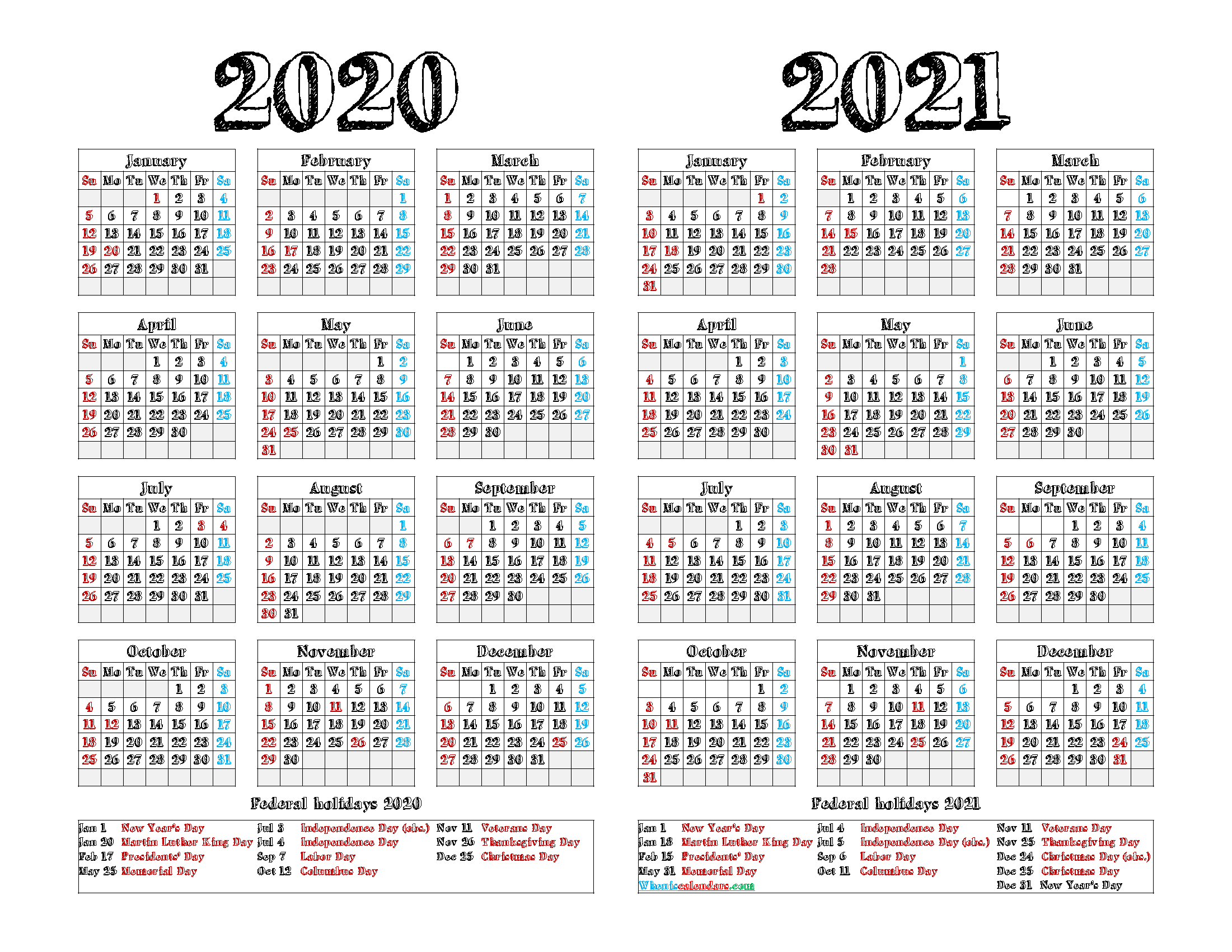 2020 And 2021 Printable Calendar With Holidays - 6 Templates